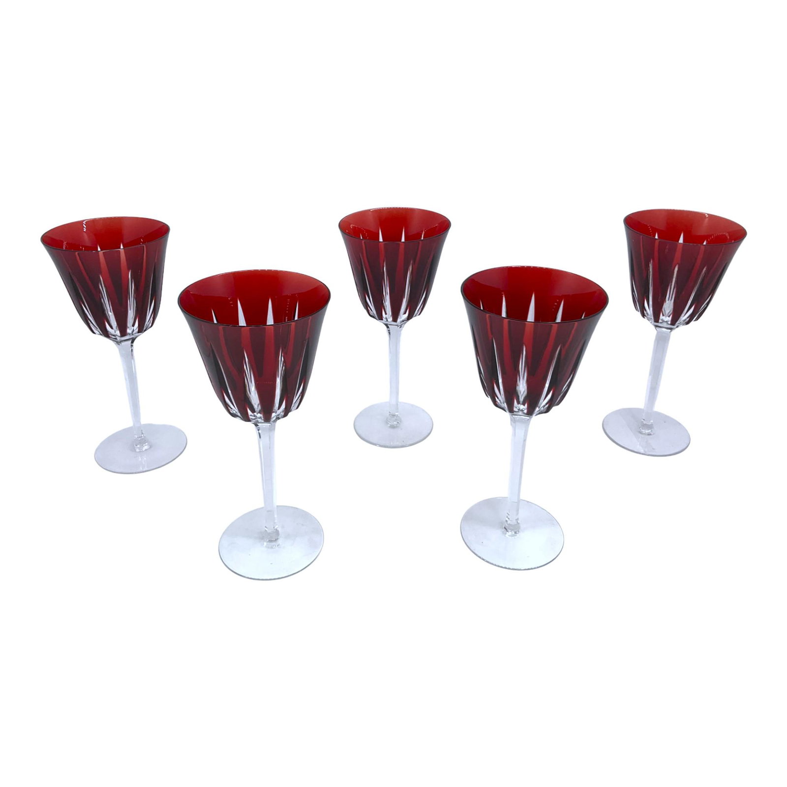 Lot of 5 Cranberry Cut to Clear Wine Glasses: Lot of 5 Cranberry Cut to Clear Wine Glasses. Approx. size 8.75 inches tall x 4 wide and deep. Approx. weight 11.8 oz each. IMPORTANT: NO In-House Shipping, Please read our shipping terms for provider