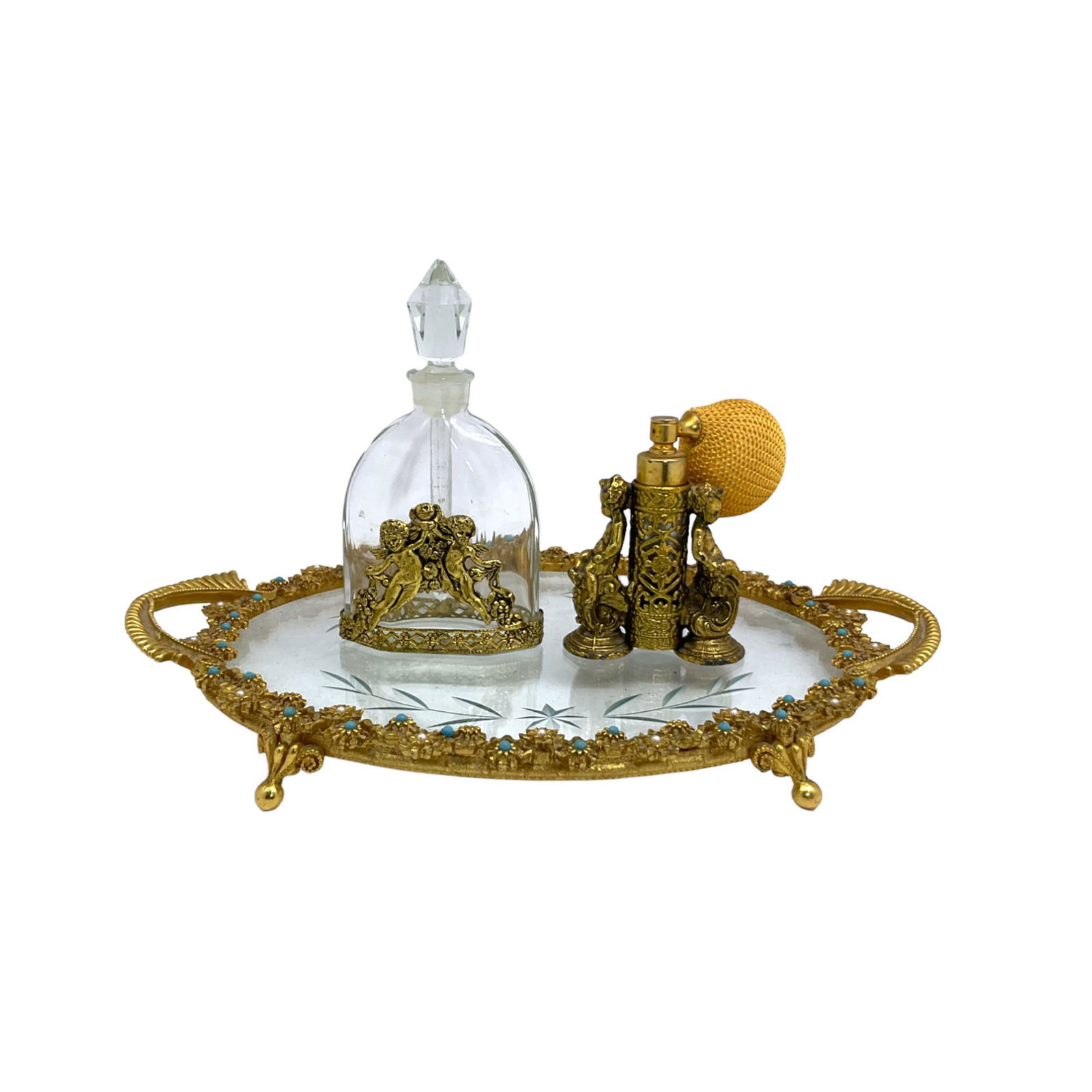 Vintage Ormulu & Glass Tray with Perfume Bottles (1 of 4)