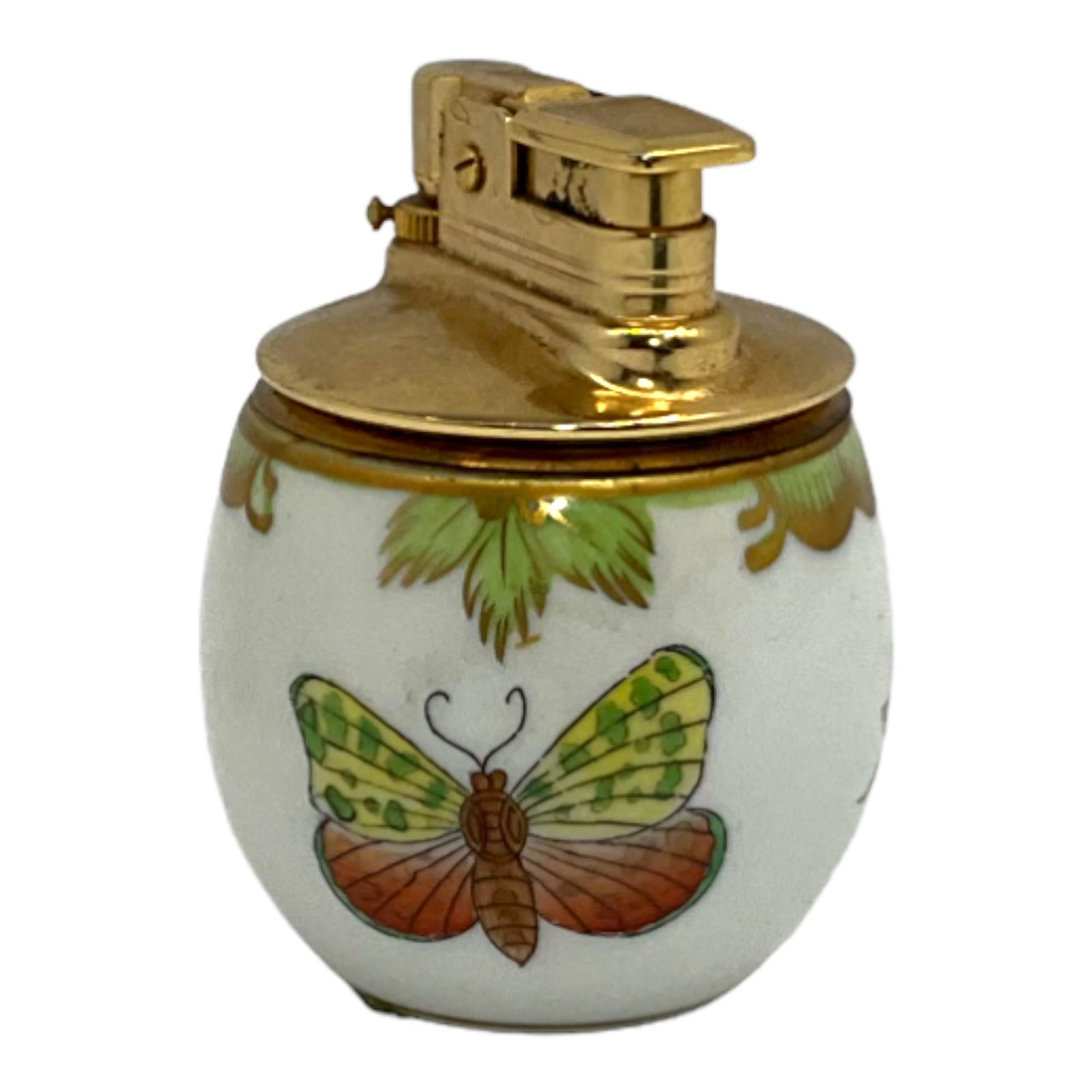 Herend Hungary Porcelain Lighter: Herend Hungary hand painted Porcelain Lighter with floral design and mint green and gold decor. Approx. size 3 inches tall x 2 inches wide and deep. Approx. weight 6.1 oz. IMPORTANT: NO In-House Shipp