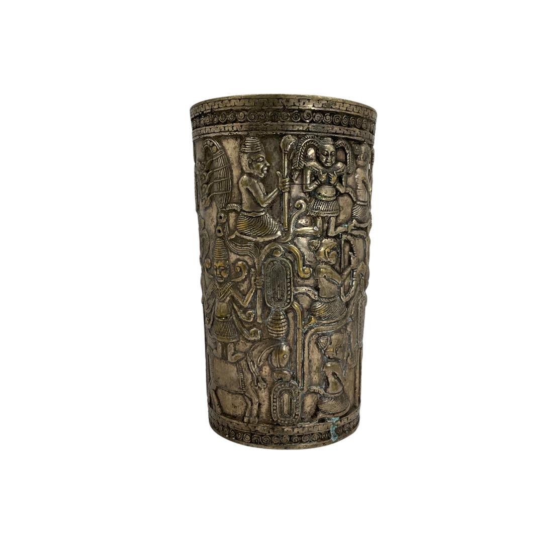Silver Bronze African Vase Depicting Indigenous Figures: Silver Bronze African Vase Depicting a multitude of figures on various persuits, unmarked. IMPORTANT: NO In-House Shipping, Please read our shipping terms for provider.