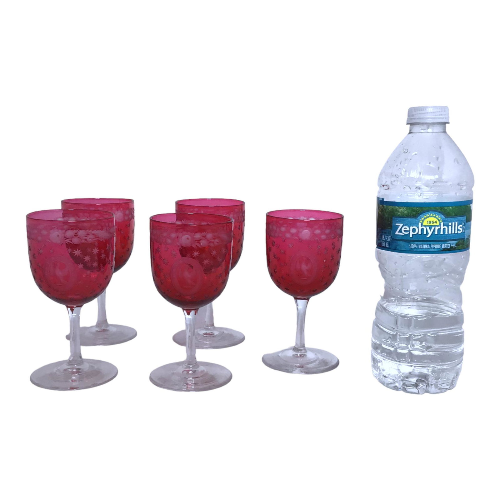 Antique Lof of 5 Cranberry and Clear Irish Munro Clan Dread God Seal Crystal Goblets: Lof of 5 Cranberry and Clear Irish Munro Clan Dread God Seal Crystal Goblets. IMPORTANT: NO In-House Shipping, Please read our shipping terms for provider.
