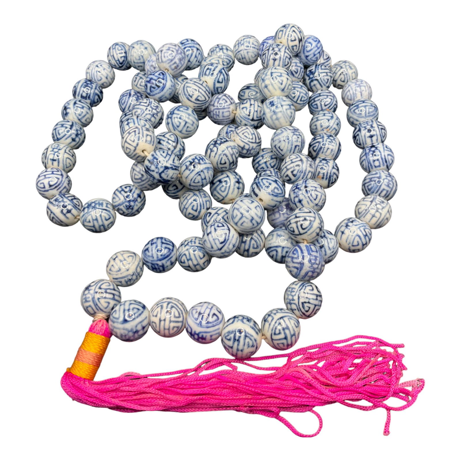 Vintage Long Chinese Porcelain Bead Necklace: Vintage Long Chinese blue and white Porcelain Bead Necklace with pink Tassels, No Closure, approx. 28 inches long.