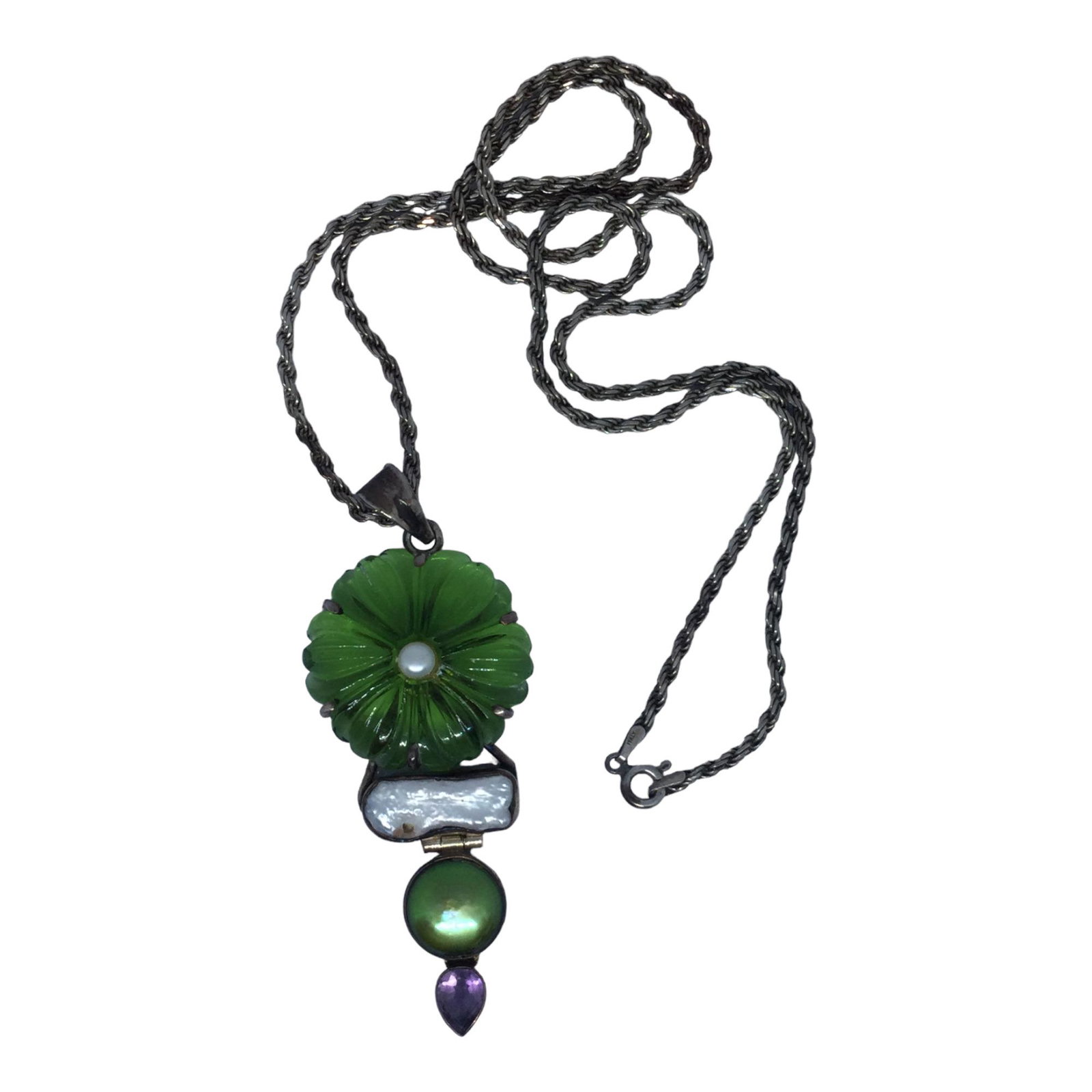 Sterling silver rope necklace with flower pendant: Pendant has amethyst, pearl, and crystal & pearl flower. approx. pendant 3" long by 1" wide, rope chain 24" long