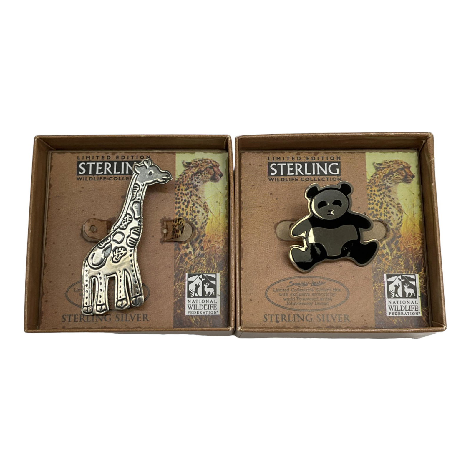 Pair of LE John-Seery Lester 925 Sterling Silver Brooches: Pair of Limited Edition John-Seery Lester 925 Sterling Silver and enamel Wild Life Collection from the National Wildlife Federation Brooches in the the original boxes. Panda and Giraffe. Sizes are bet