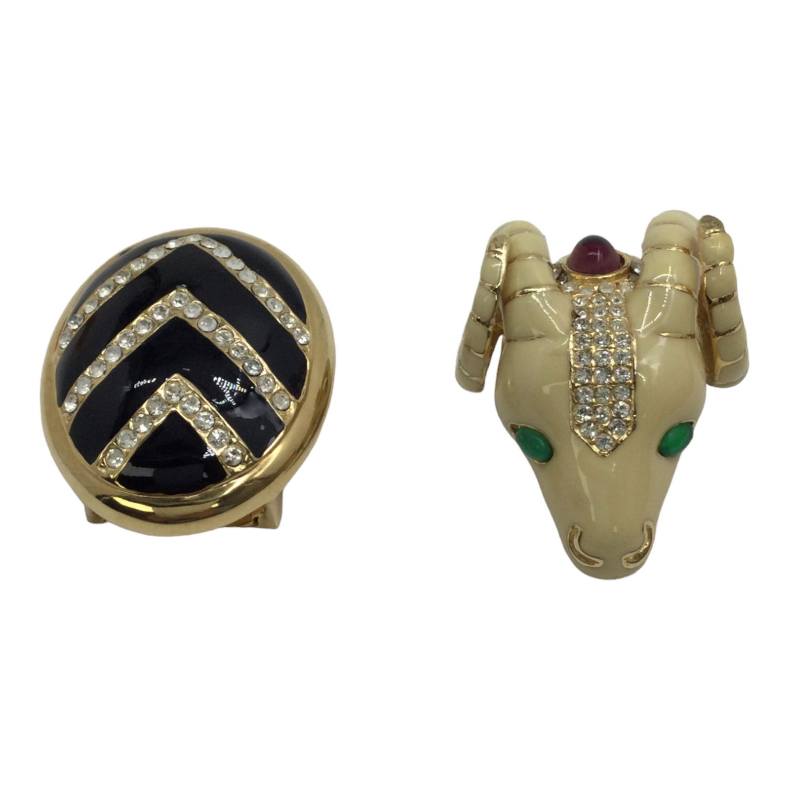 Vintage Enamel and Rhinestone Sliders Ciner: Vintage Enamel and Rhinestone Sliders. Ciner black enamel (1.5 inches tall x 2 wide). Ram, Ciner unsigned (1-7/8 tall x 1.5 wide).