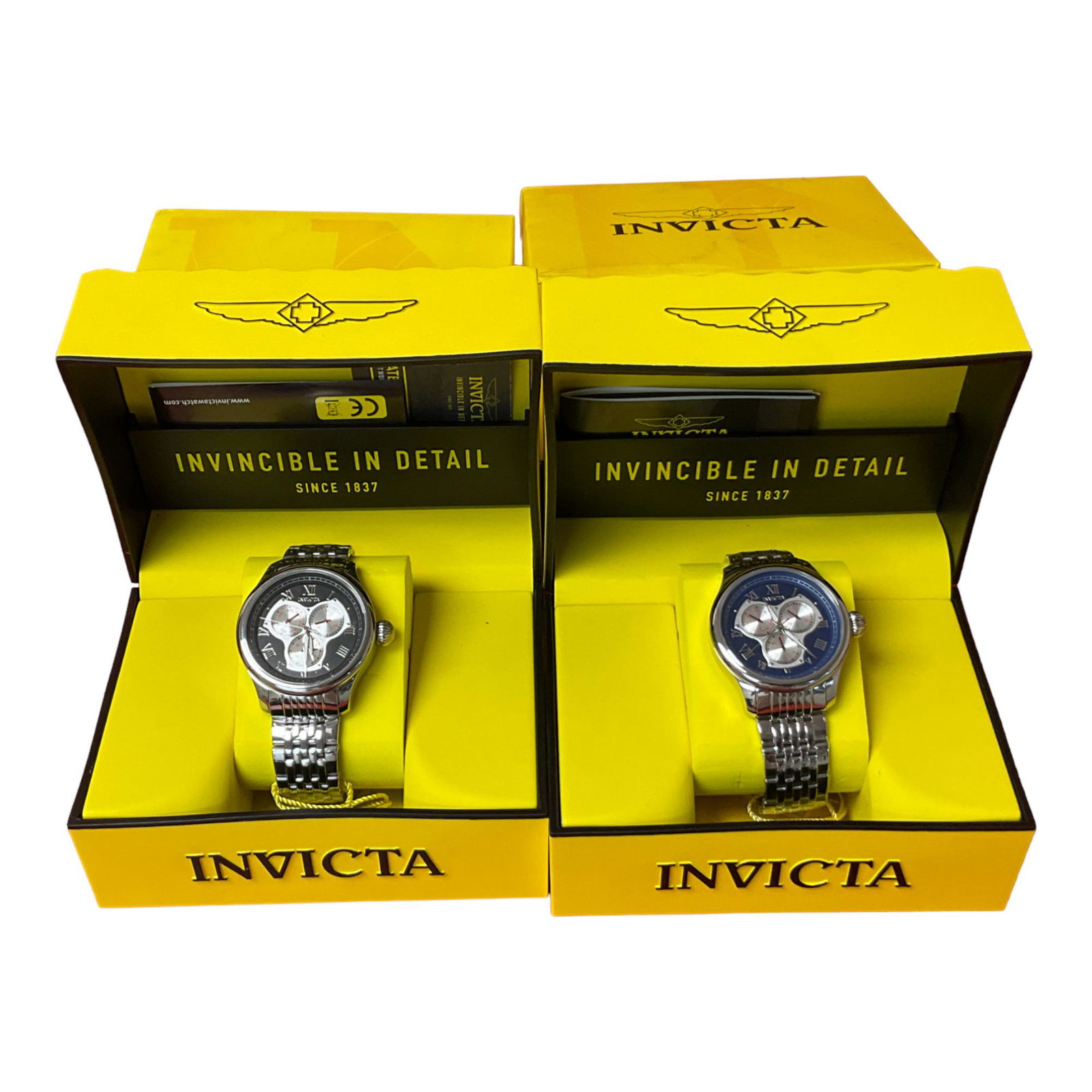 Lot of Two Invicta Watches Men: Lot of two Invicta Watches 28559 and 28561 - Men. Both are all stainless steel, water resistant 50M and Flame-Fusion Crystal. One has a blue face and the other has a black face.