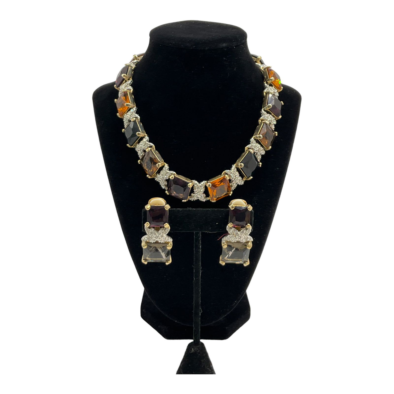 Vintage Choker and Earrings Rhinestone Set: Vintage gold tone Choker and Earrings Rhinestone Set with amber stones. Earrings 1.5 inches tall x 0.75 wide, Choker 16 inches long x 0.75 wide.