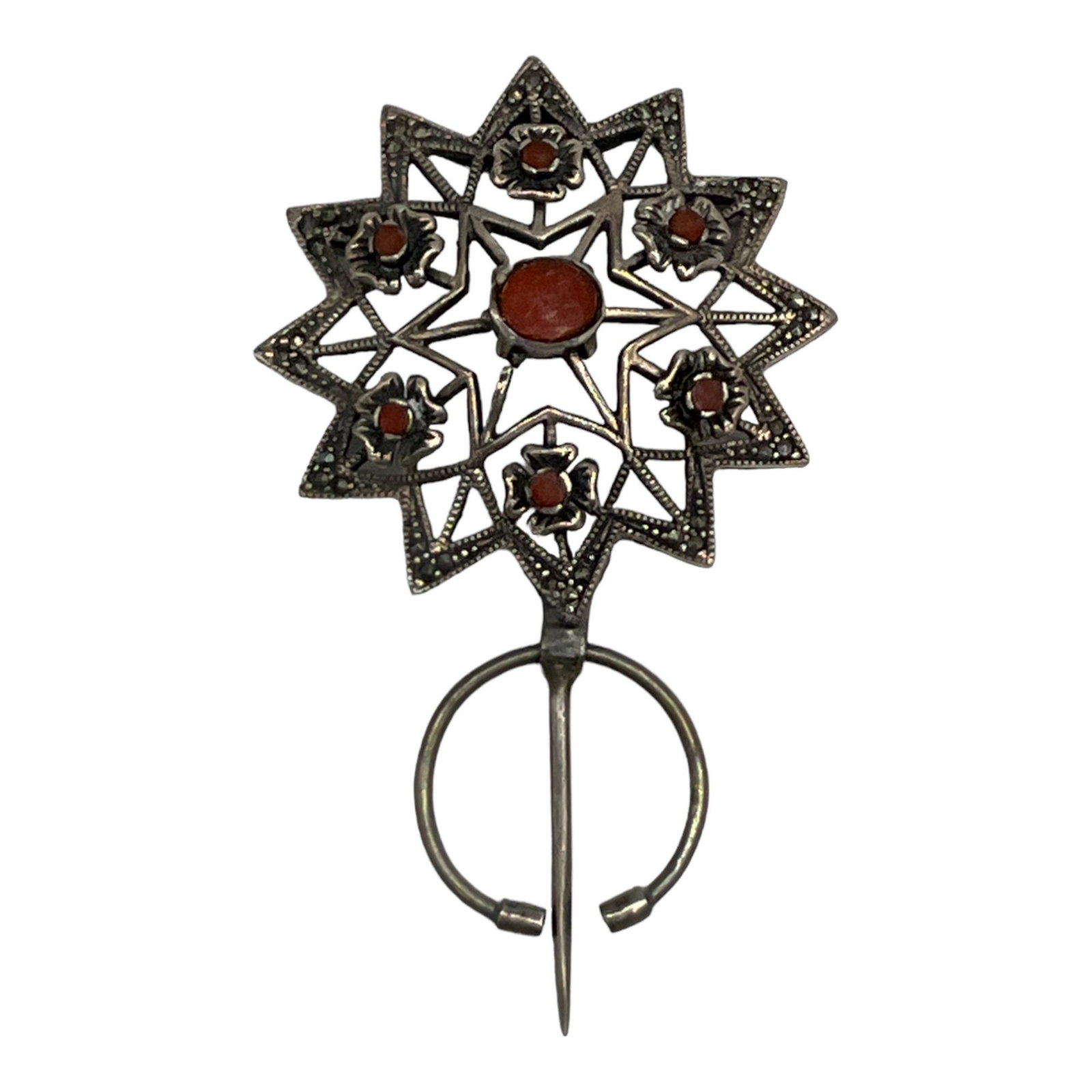 VTG. Sterling Silver Moroccan Fibula Flower Shaped Brooch: VTG. Sterling Silver Moroccan Fibula Flower Shaped Brooch with carnelian accents, stamped 925. Approximate size: 1.5 inches Round 2-7/8 long