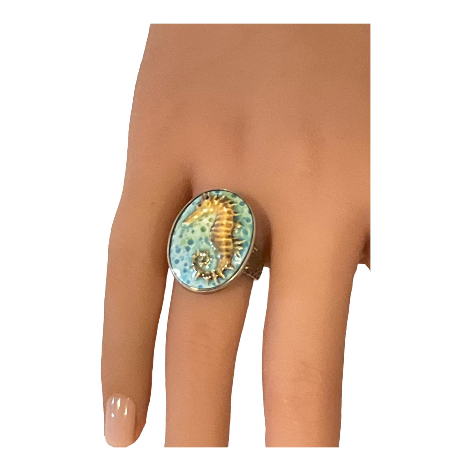 925 Amy Kahn Russell signed ring with Porcelain Seahorse Center Sz. 7 (1 of 3)