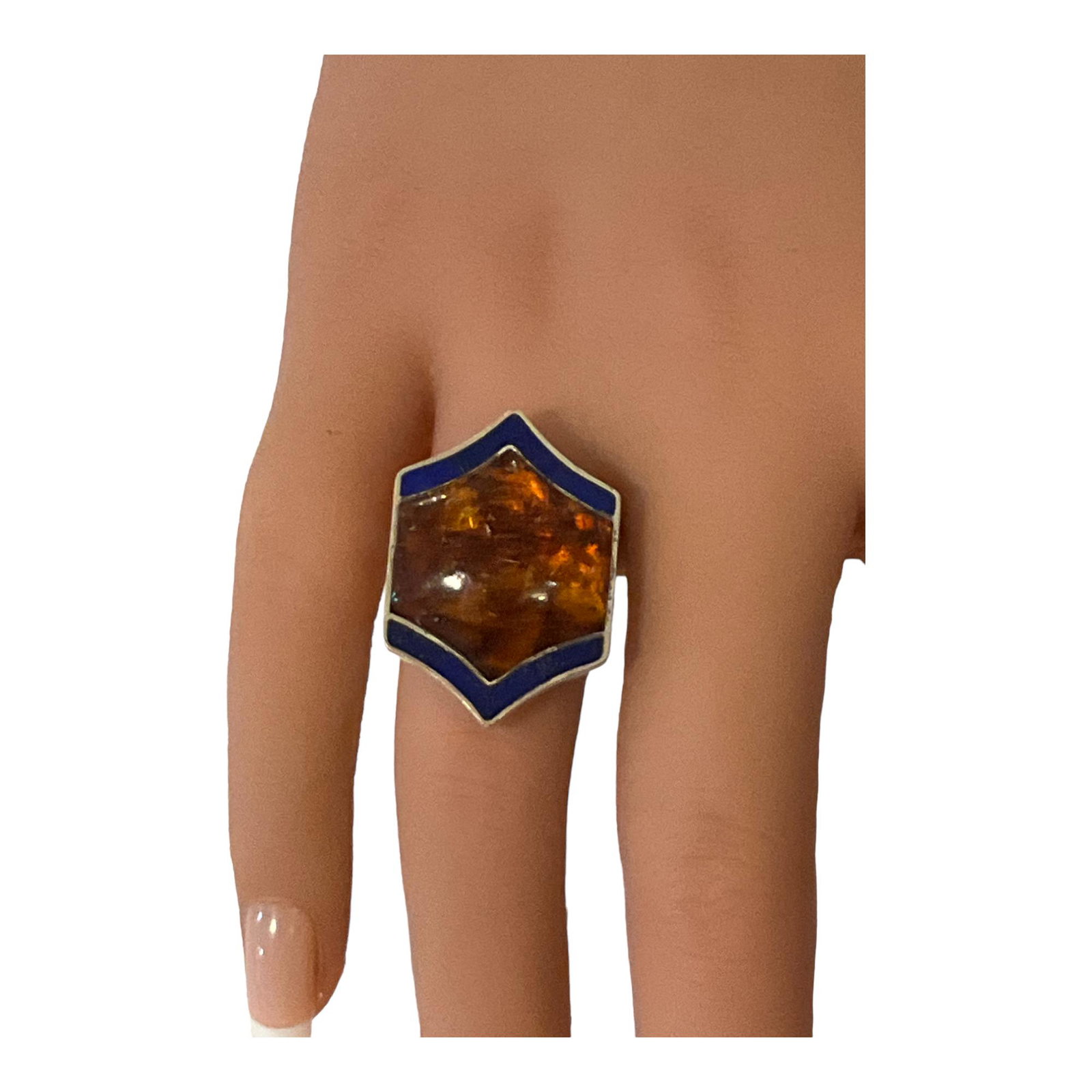 Jay King Signed DTR Enamel and Amber Ring Sz. 7: Jay King, Mine Finds Ring with Cobalt Blue Enamel and Amber Center, Signed DTR, Size 7