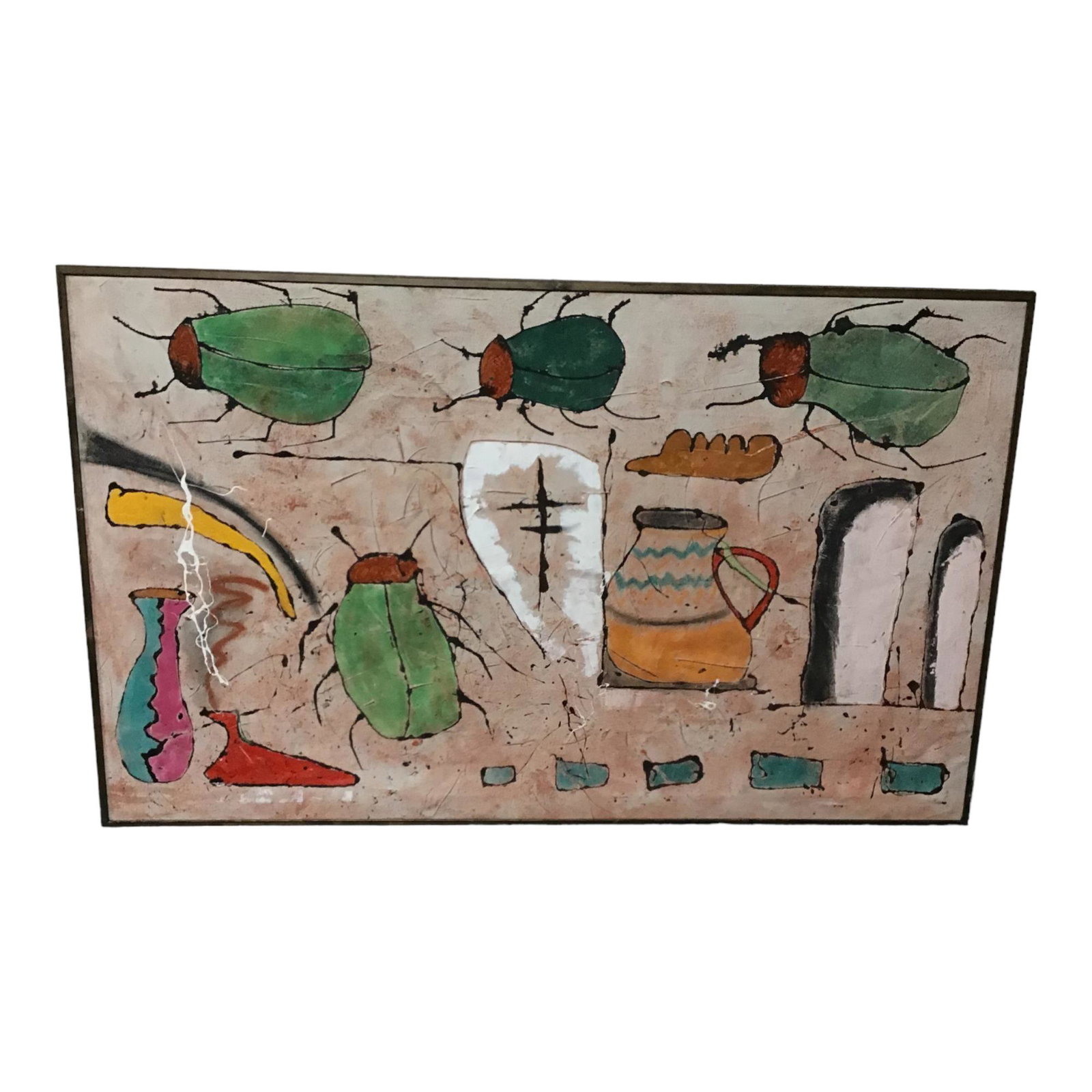 Andrea Bonora (Italian) 2011 Signed Oil on Canvas Abstract Art: Andrea Bonora (Italian) 2011 Signed Oil on Canvas Abstract Art depicting pottery and bugs. IMPORTANT: NO In-House Shipping, Please read our shipping terms for provider.