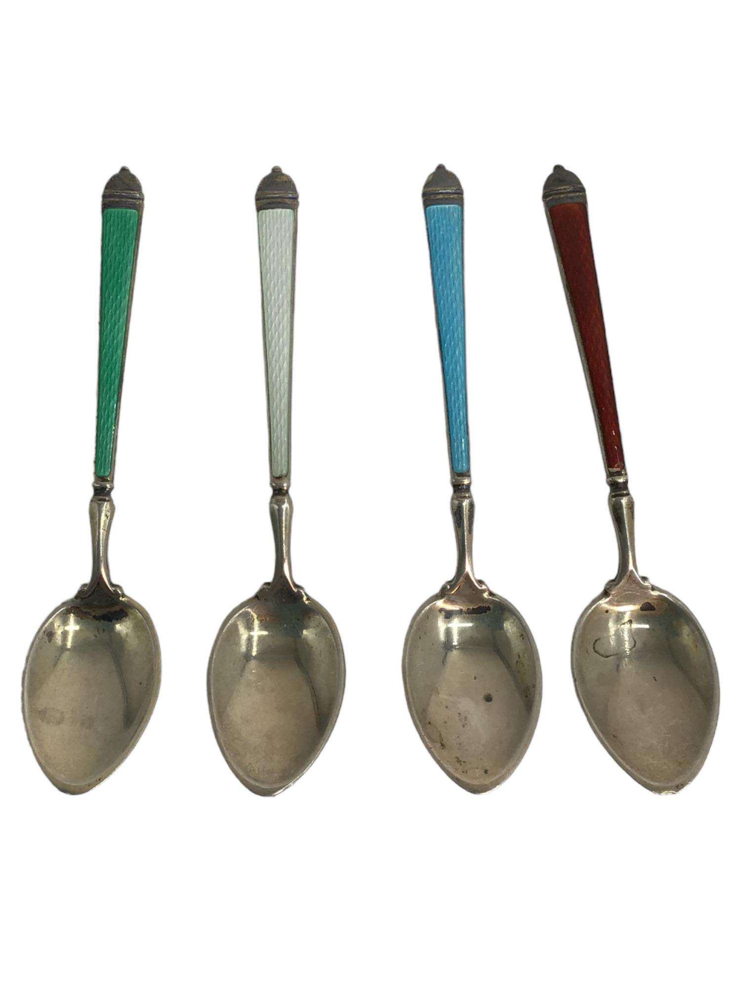 Set of 4 Sterling Silver and Enamel Spoons From Sheffield, UK: Set of 4 Sterling Silver and Enamel Coffee Spoons From Sheffield, UK. Enamel colors are white, green, blue, and red. Year made is illegible. IMPORTANT: NO In-House Shipping, Please read our shipping t