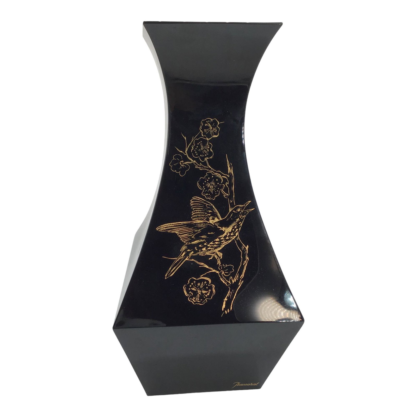 Baccarat France Black Crystal Japonisme in Gold Gilt Vase: Baccarat France Black Crystal Japonisme bird design in Gold Gilt Vase. IMPORTANT: NO In-House Shipping, Please read our shipping terms for provider.
