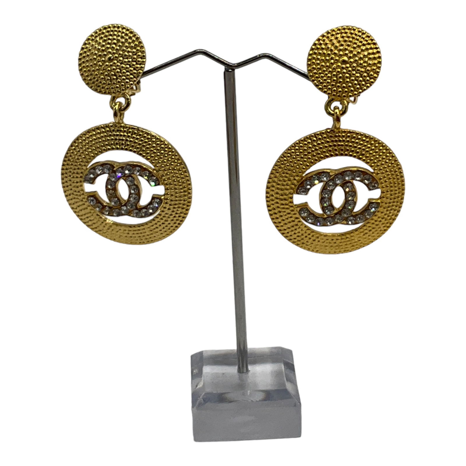 Vintage Chanel Gold tone rhinestone Logo Clip on Earrings (1 of 3)