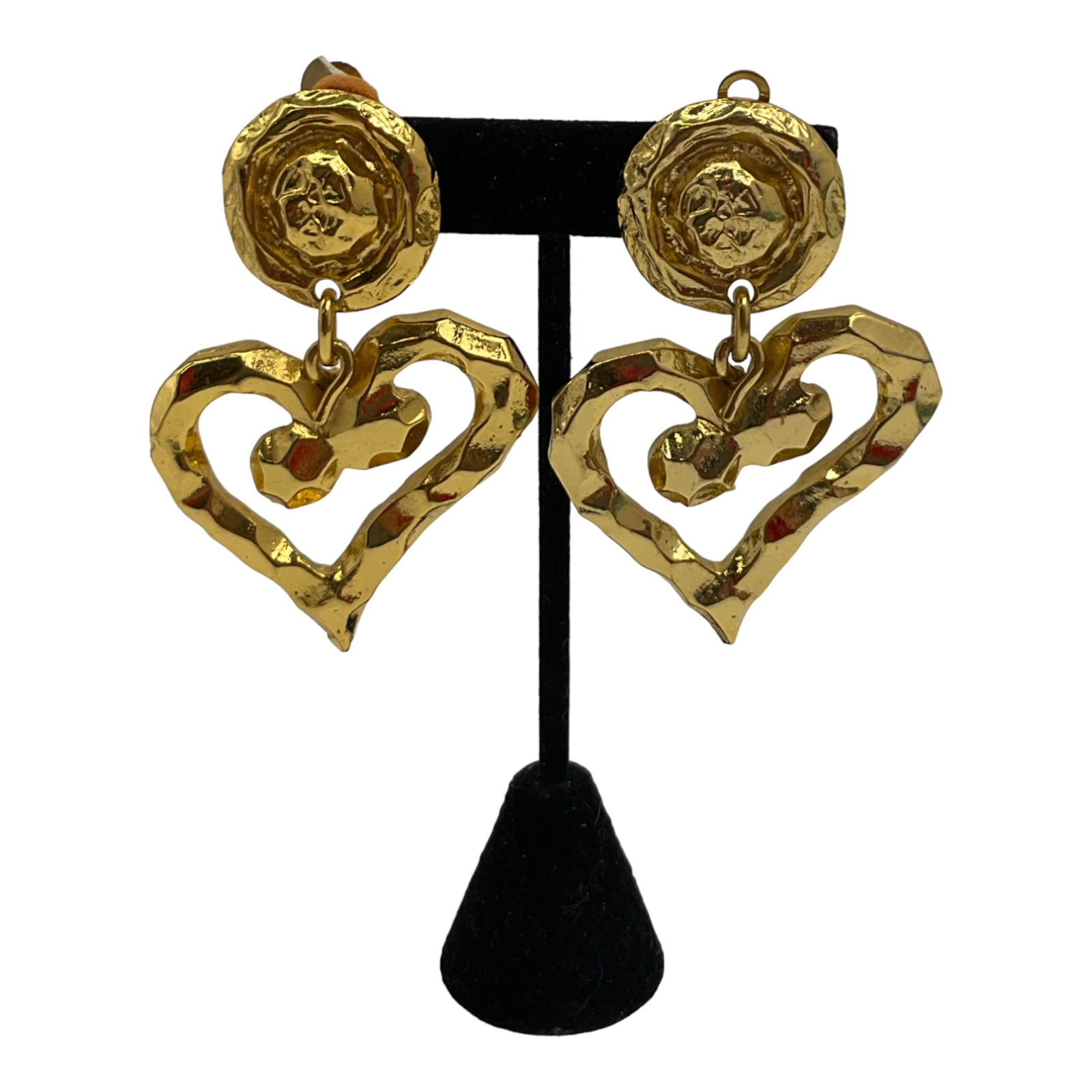 Gold Tone French Clip on Earrings with Drop Dangle Hearts: Gold Tone French Clip on Earrings in the Manner of Christian Lacroix with Large Drop Dangle Hearts. Approx. 3 long x 2 inches wide