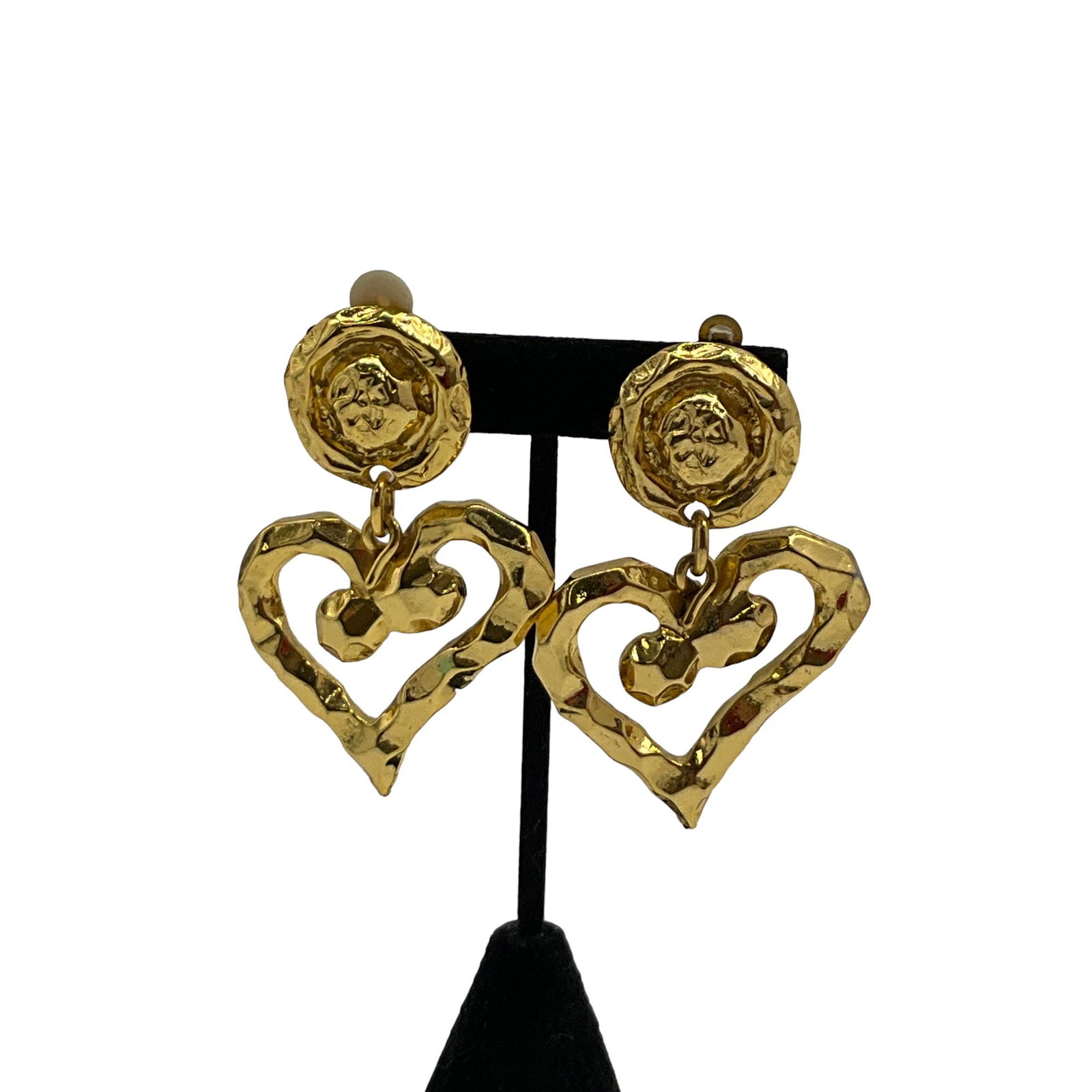 Vintage Gold Tone Clip on Earrings Drop Dangle Hearts Made in France: Manner of Christian Lacroix Made in France - Gold Tone with Drop Dangle Hearts. Approximately 2.75 long x 1.75 inches wide.
