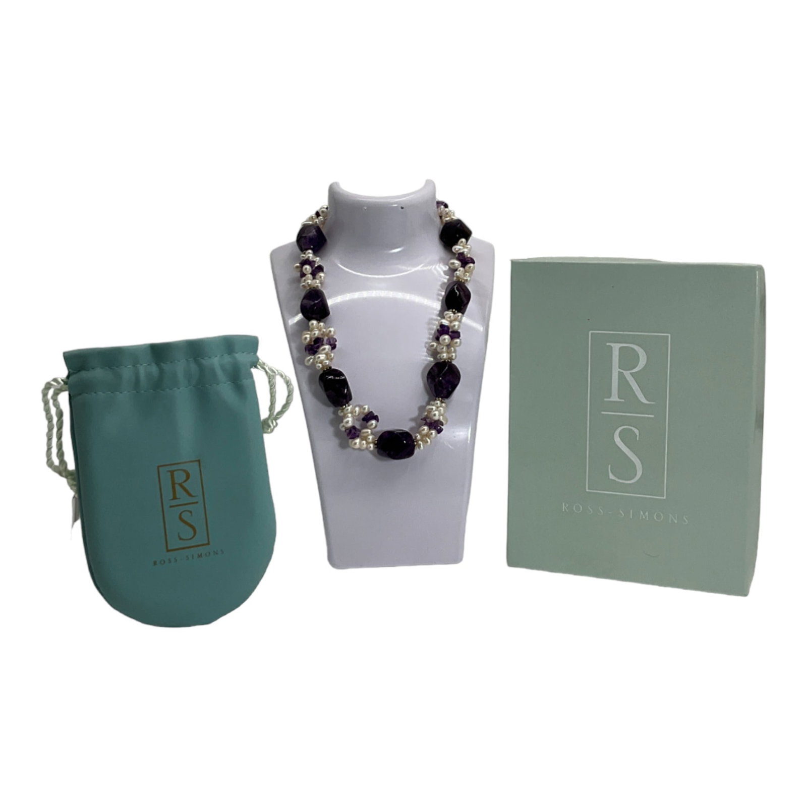 Ross Simons Chunky Amethyst and Rice Pearls Necklace: Ross-Simons Chunky Amethyst Beads and Rice Pearls Necklace with Sterling Silver Closure. Necklace Approximately 18.5 inches.