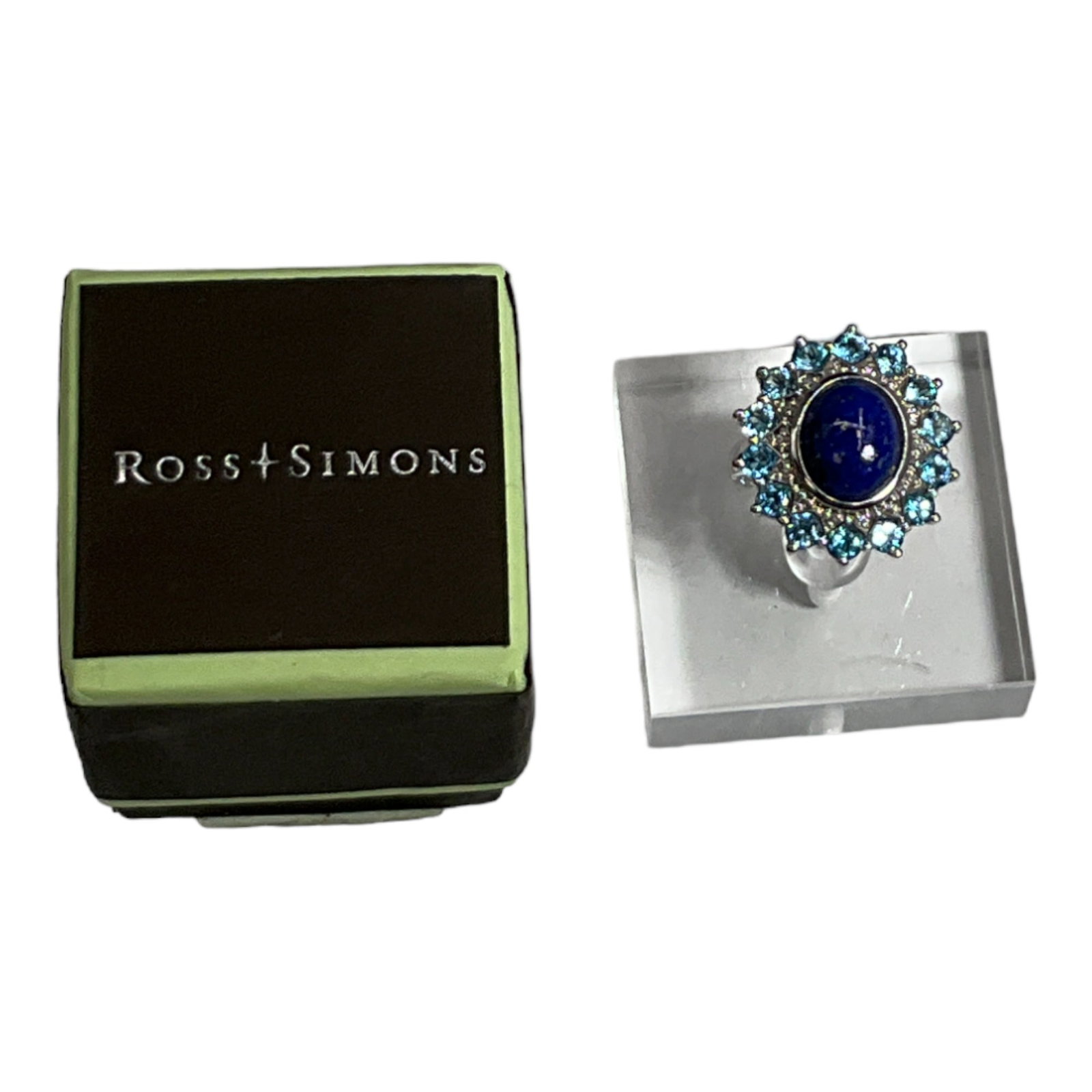 Ross Simons 925 Cocktail Ring with Lapis, Topaz, & Diamond - Sz. 6: Ross-Simons 925 Cocktail Ring with Lapis Cabochon Center, Diamond Accents and Blue Topaz Gemstones. Size 6