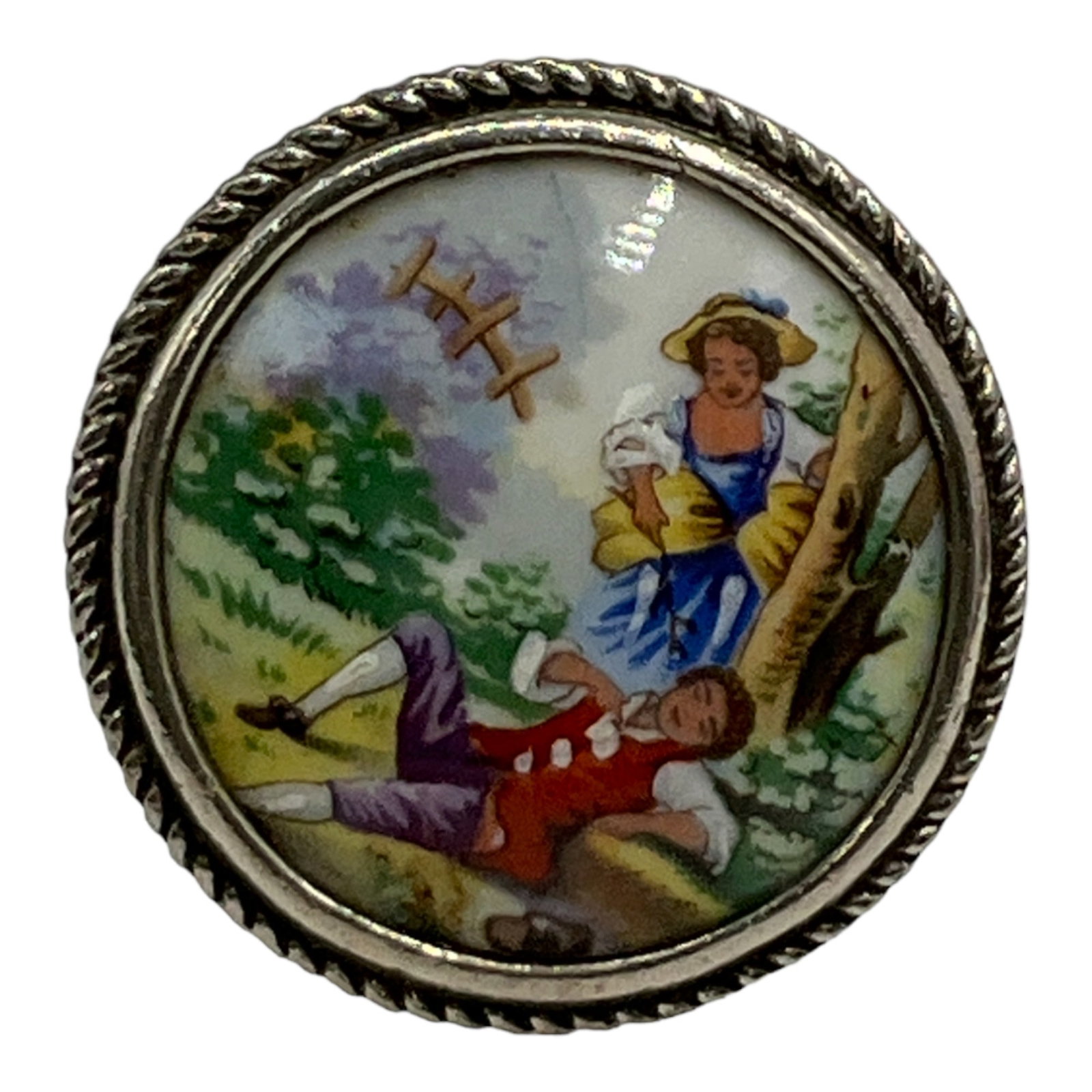 Antique French Limoges Porcelain Brooch: Antique French Limoges Round Porcelain Brooch. Approximately 1.75 inches round.