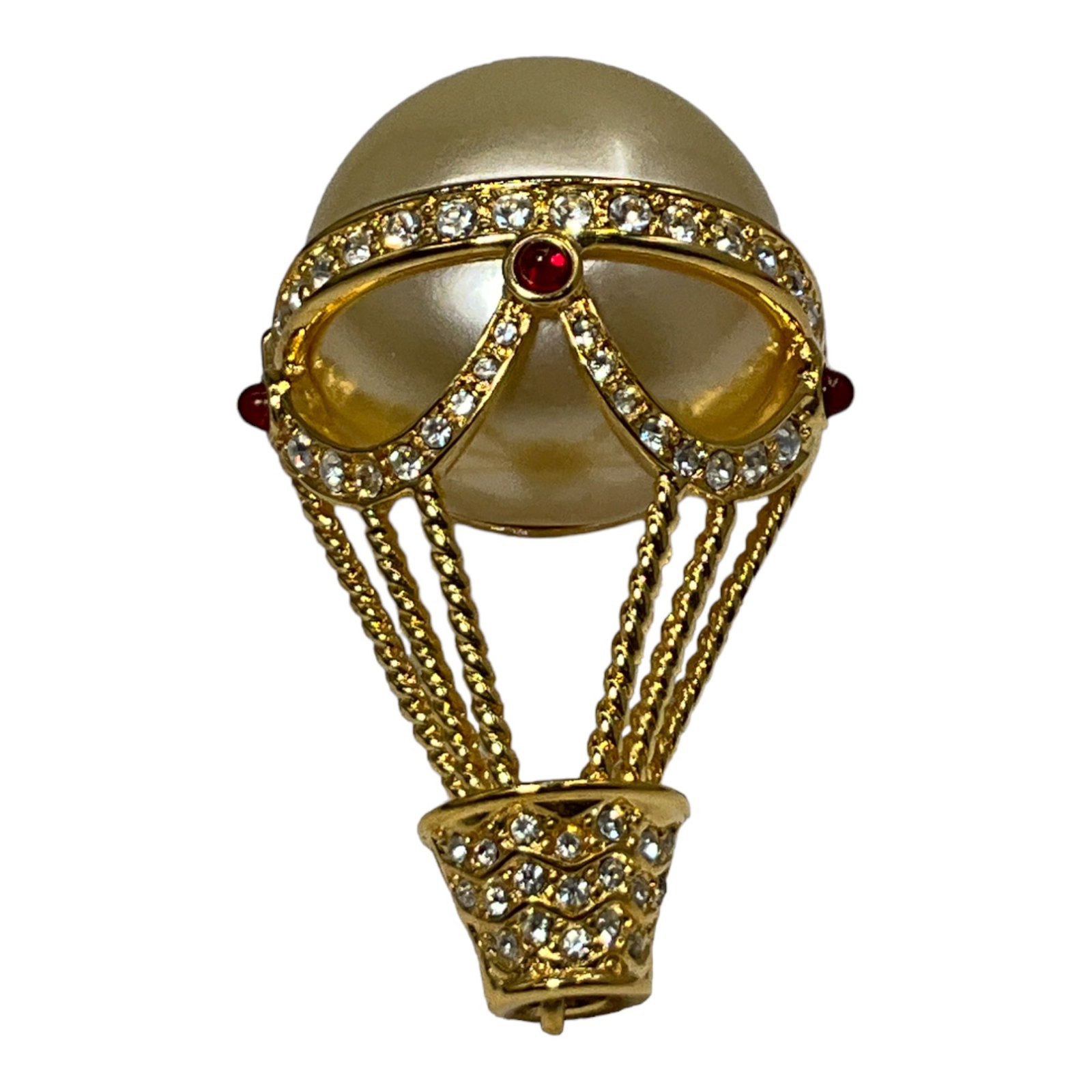 Kenneth J. Lane Hot Air Ballon Brooch: Kenneth J. Lane Gold Tone Hot Air Balloon Brooch w/Faux Pearl Cabochon, Clear and Red Rhinestones. Approximately 2.5 tall x 1.25 inches wide.