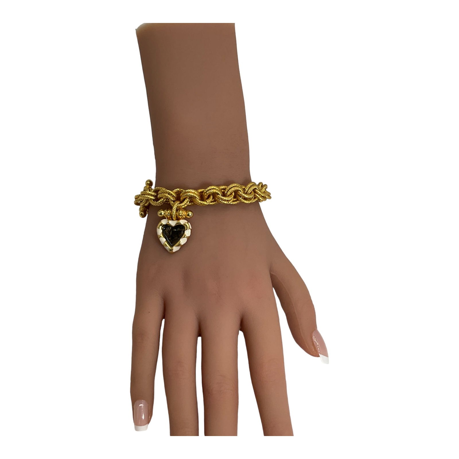 Vintage Guy Laroche Thick Gold Links Bracelet With Enamel Heart: Vintage Guy Laroche Thick Gold Links Bracelet with an Enamel Heart Shaped Charm. Approximately 8 inches long.