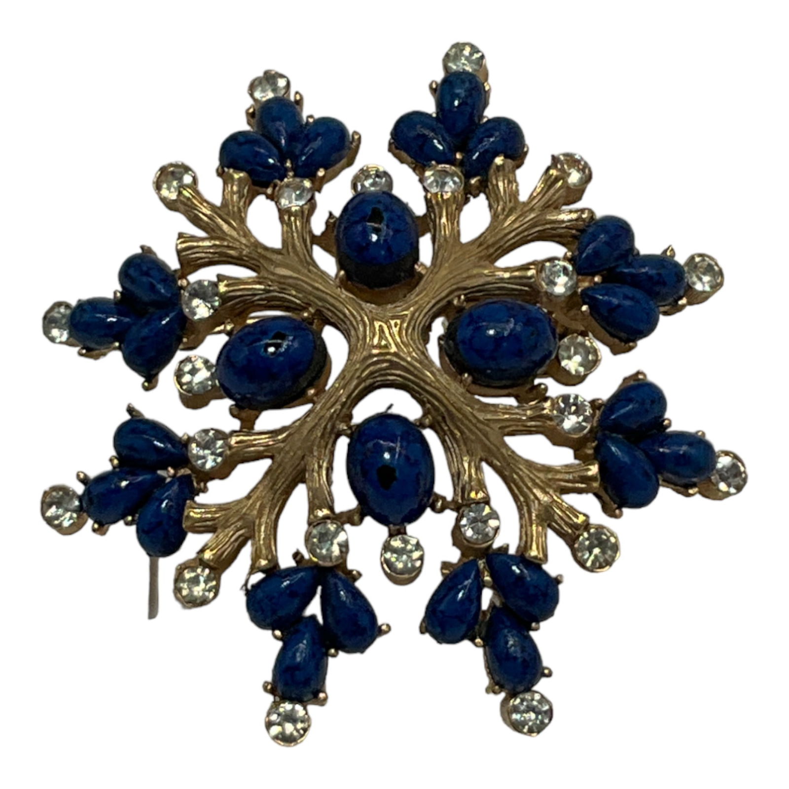 Vintage Crown Trifari Lapis Cabochons and Clear Rhinestone Brooch: Vintage Crown Trifari signed, Faux Lapis Cabochons and Clear Rhinestone Brooch. Approximately 2 inches.