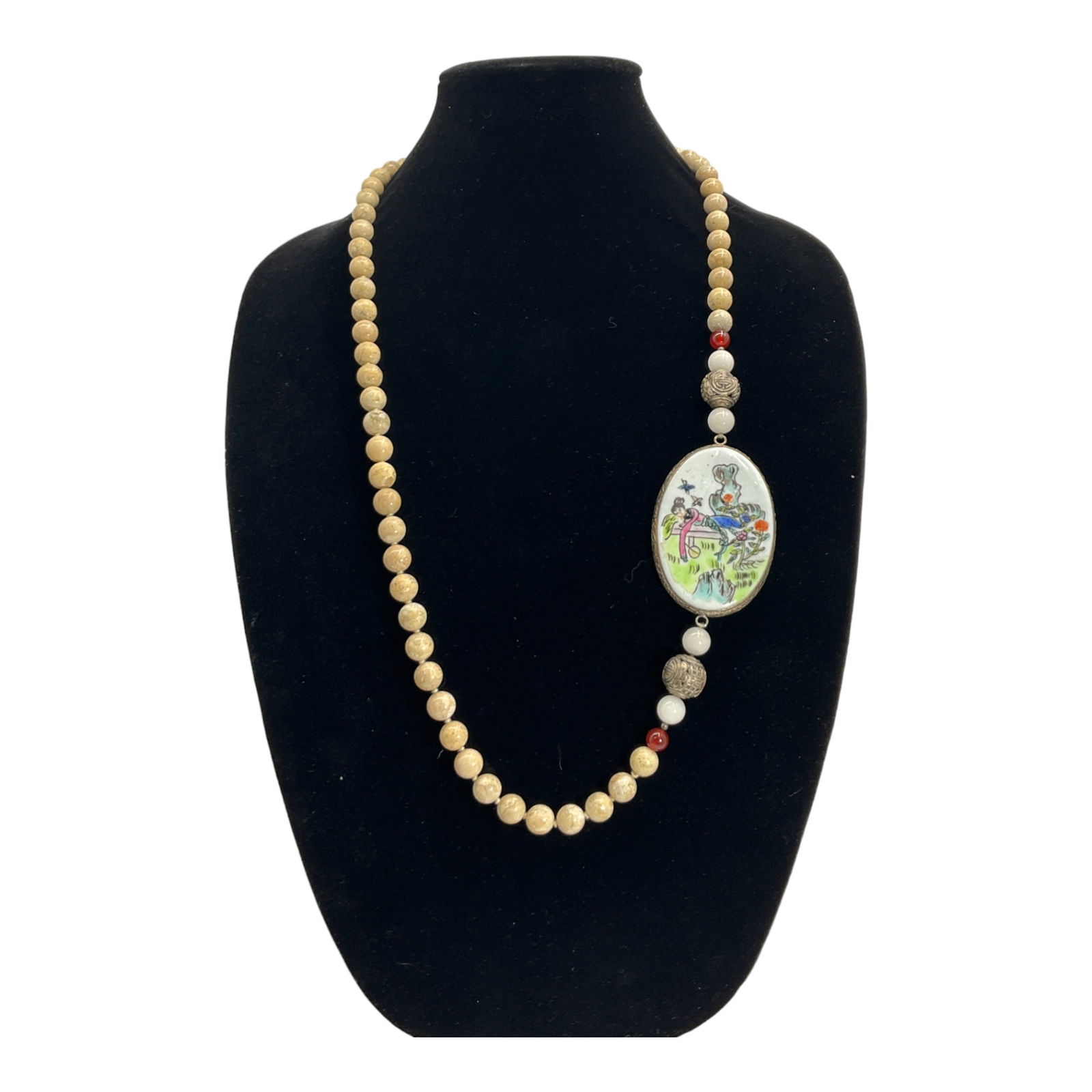 Vintage Chinese Jasper Bead Necklace With Porcelain Chard Pendant: Vintage Chinese Jasper Bead Necklace with a Porcelain Chard Pendant Portraying a Reclining Geisha. No Clasp on the necklace - Approx. 16 inches Long - Pendant is 2.5 tall x 1.5 inches wide.