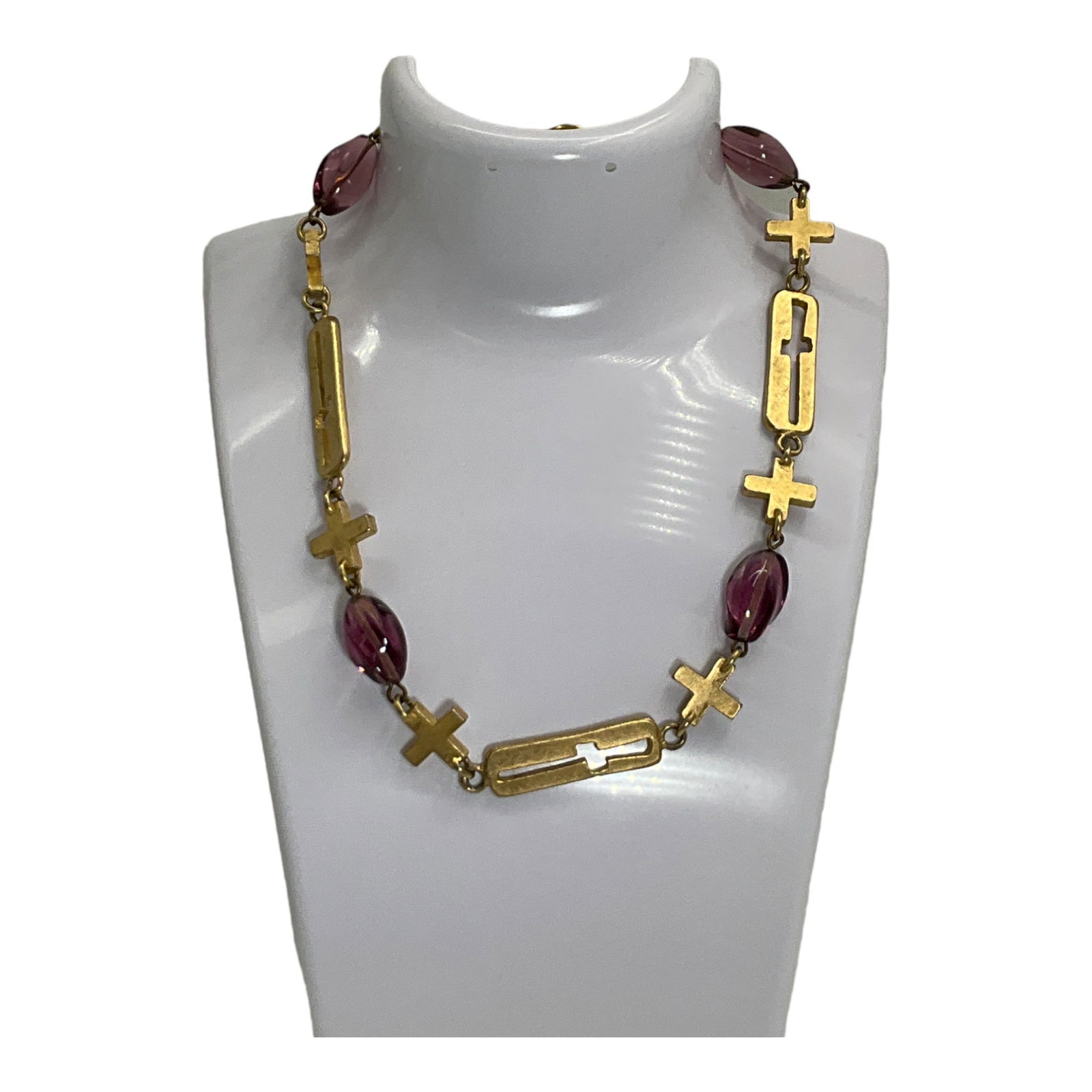 Vintage Erwin Pearl Necklace: Vintage Erwin Pearl Necklace with Amethyst Color Insert Glass and cut out gold tone cut out links. Approximately 16 inches long.
