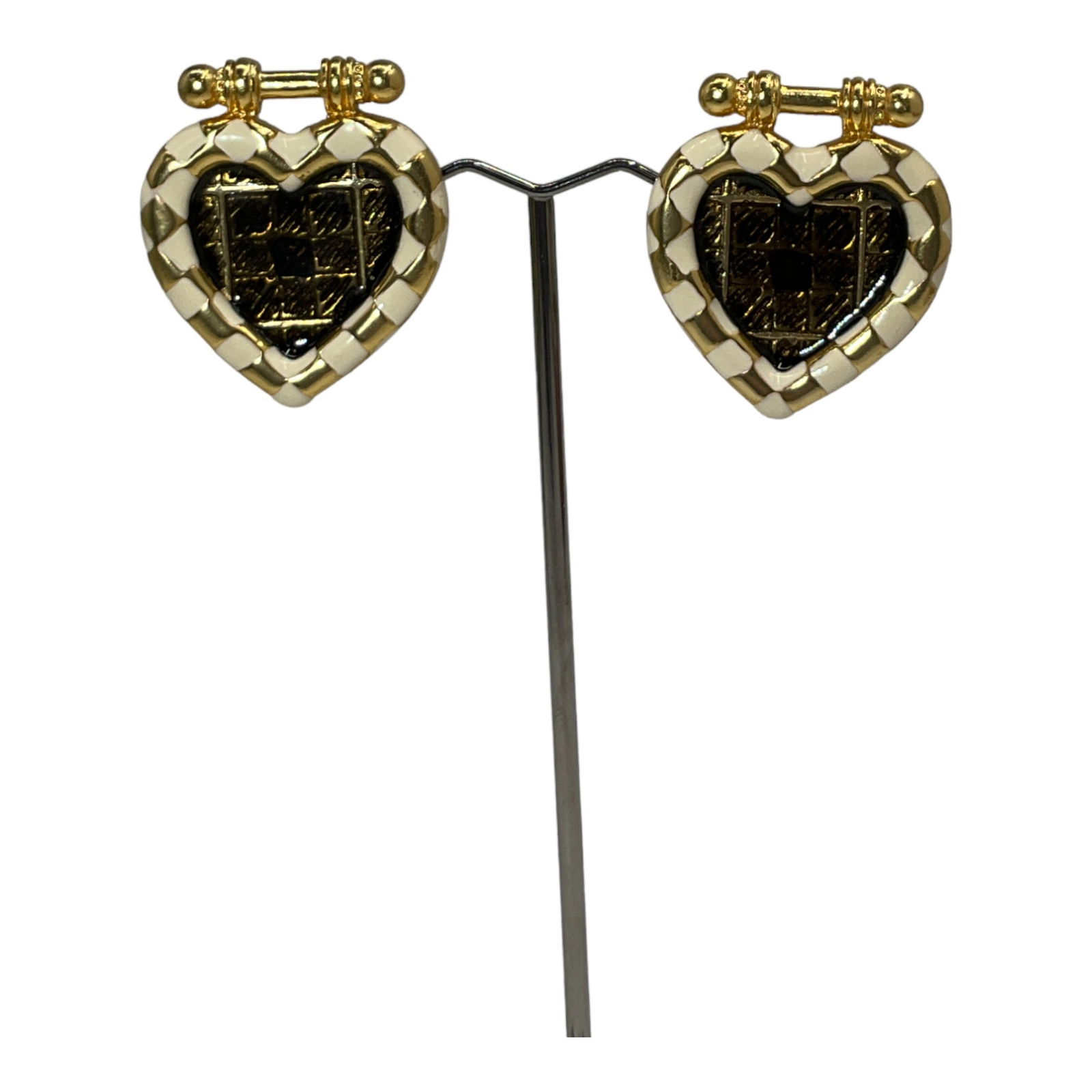 Guy Laroche Enamel Heart Shaped Earrings: Vintage Pair of Clip On Earrings by Guy Laroche - Off White Enamel On Gold color Background. Approximately 1.5 x 1.25 inches wide.