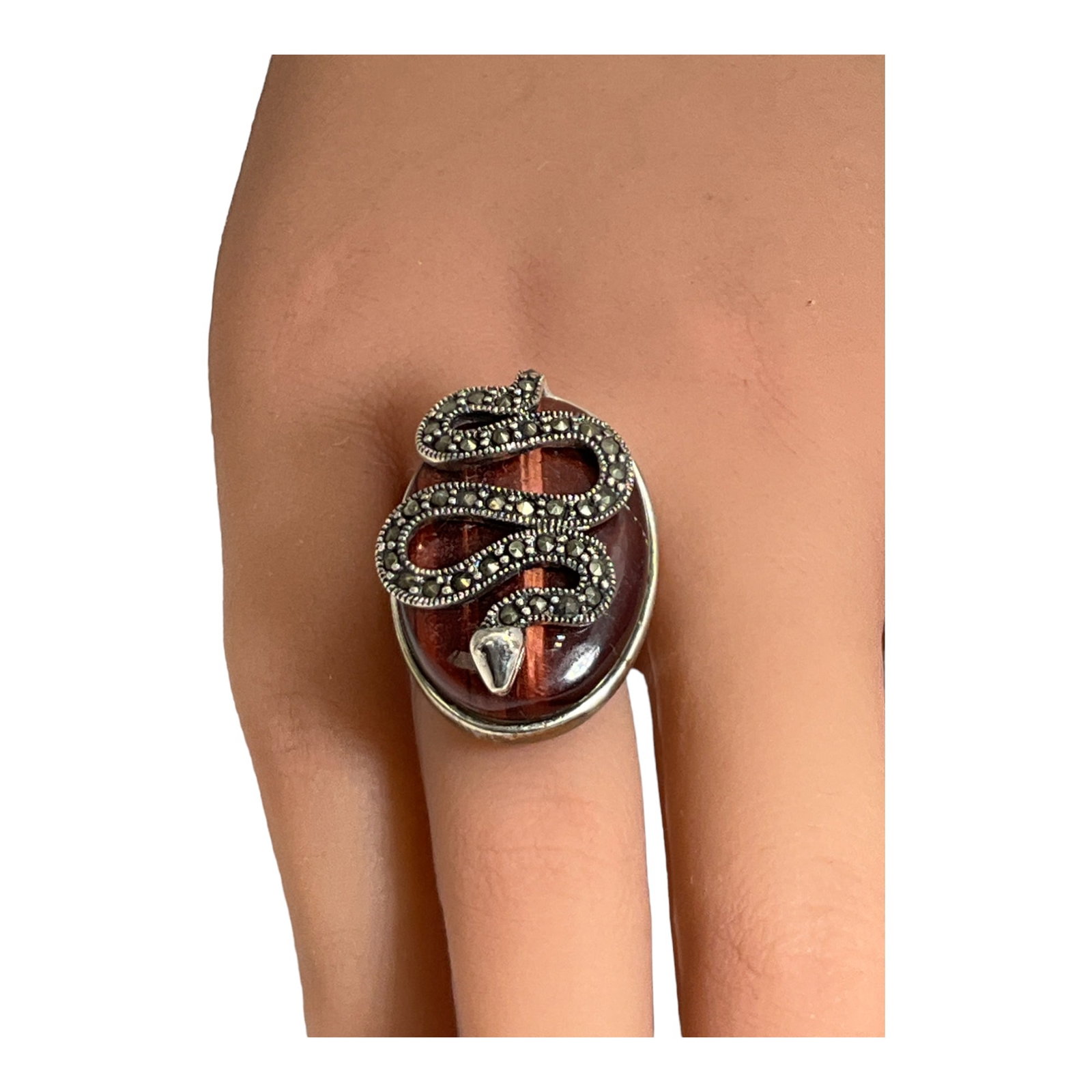 925 CFJ Collins Fine Jewelry Tigers Eye Marcasite Ring Sz. 5: 925 Collins Fine Jewelry Signed CFJ Tigers Eye cabochon ring with a Snake accented with marcasites, Sz. 5