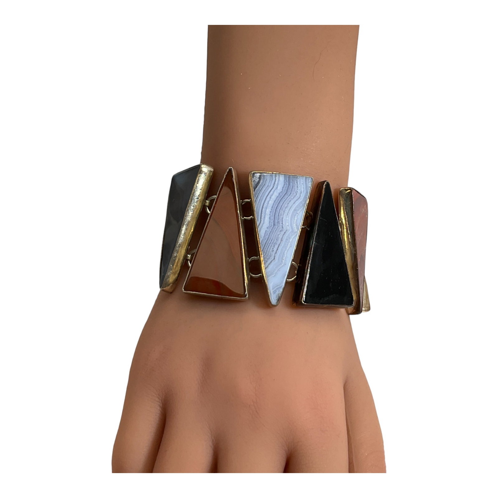 Vintage 925 Charles Albert Geometric Bracelet: Vintage 925 Charles Albert Geometric Bracelet with Semi Precious Stones. Approximately 8 inches long - panels 1 7/8 inches, toggle closure.