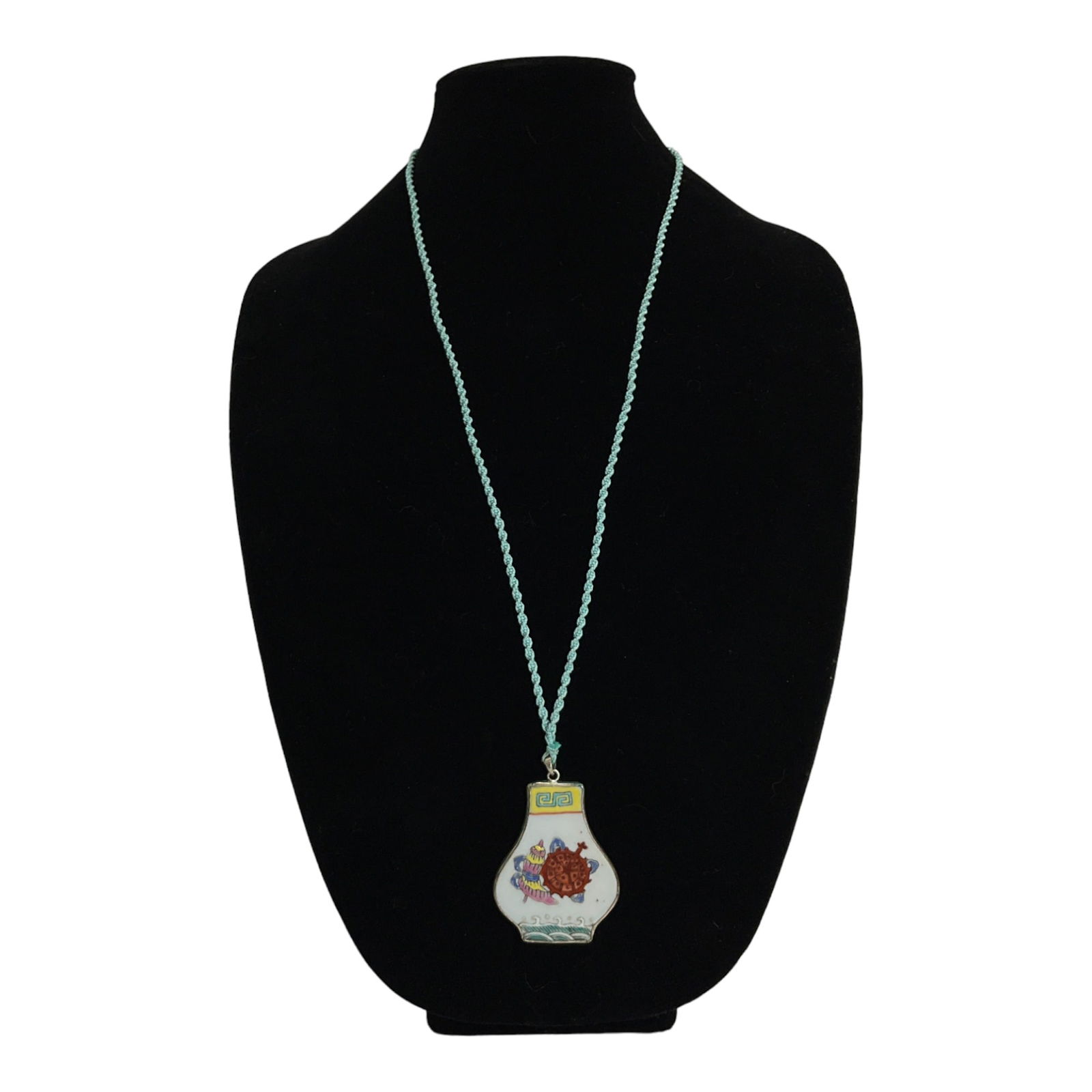 Chinese Export Cord Necklace with Chard Pendant: Chinese Export Cord Necklace with Chard Porcelain Pendant in the shape of a Vase. Pendant approximately 2.25 tall x 1.75 inches at widest.