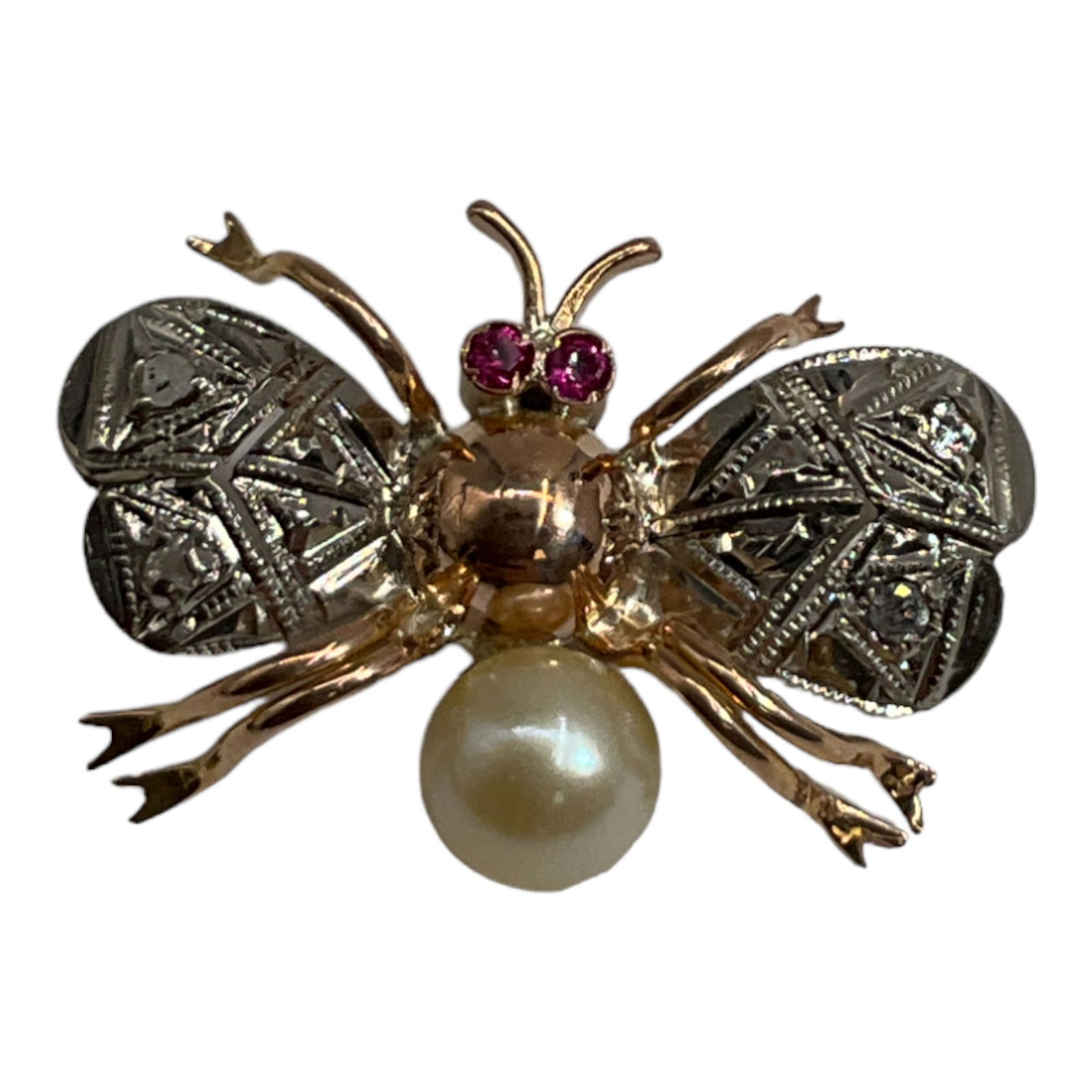 Vintage 14K Gold, Pearl, Diamond, Ruby Bee Slider Pendant (1 of 3)
