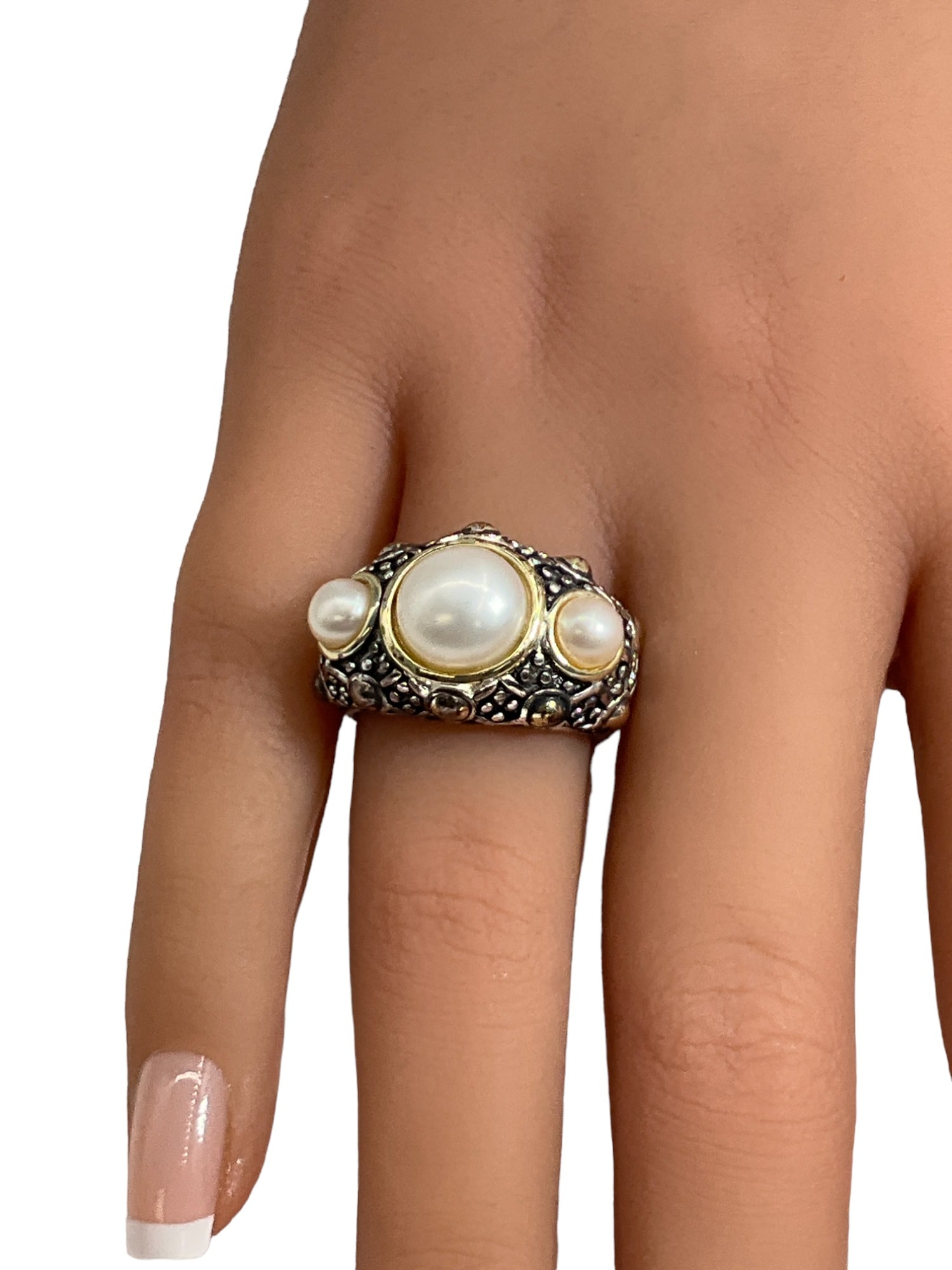 925 Ring with Pearl Cabochons Size 8 Signed: 925 Sterling Silver Ring Stamped PK with Pearl Cabochons Size 8`