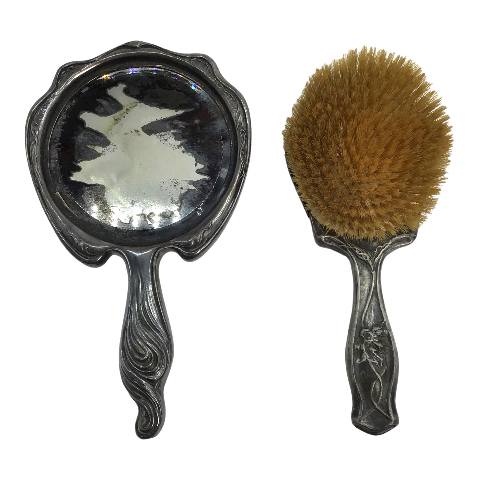 Victorian Art Nouveau Silver Plate Repousse Hand Mirror and Hairbrush (1 of 12)