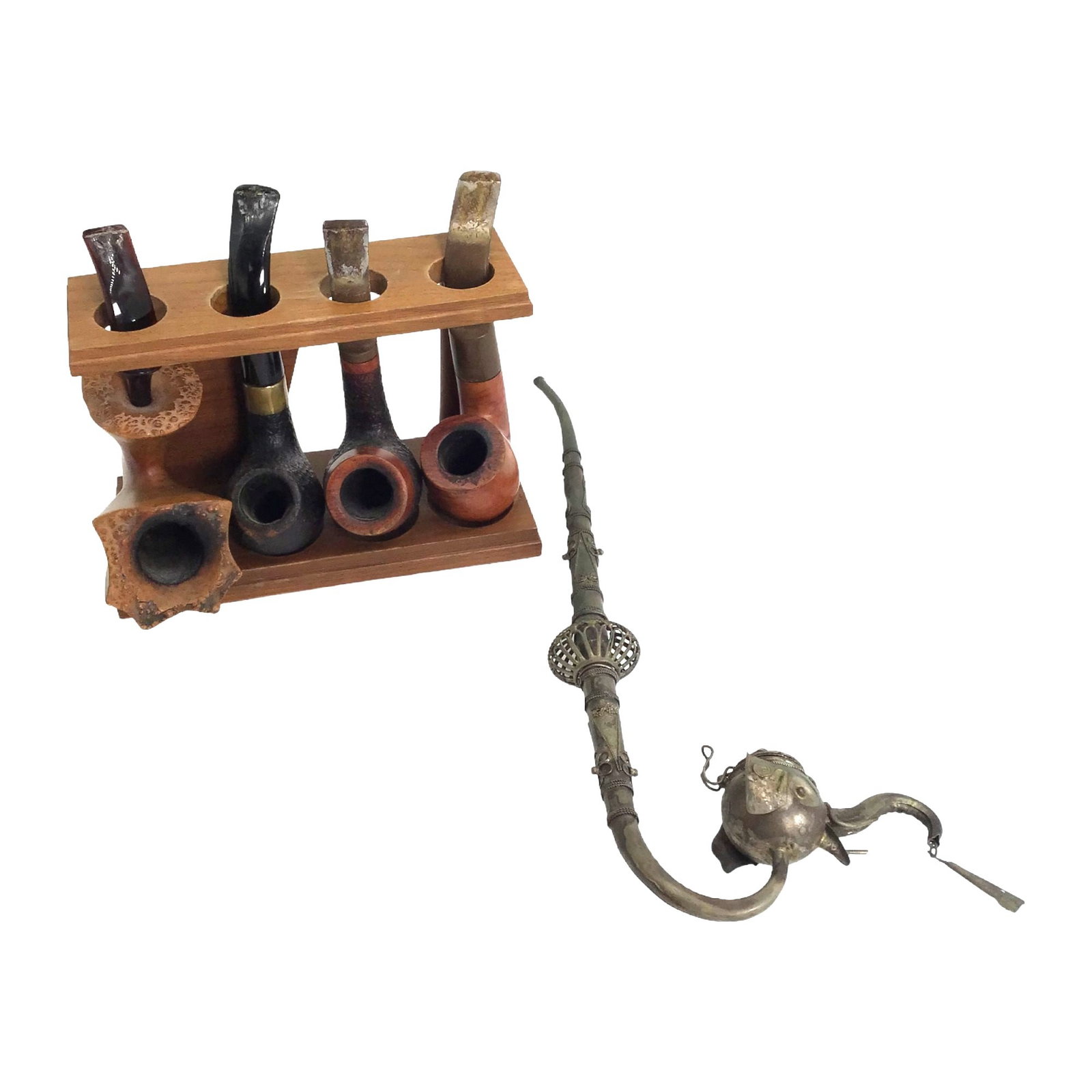 Lot of 5 Pipes: Lot of 5 Pipes: Indonesian nickel folk art elephant pipe, made in England Hardcastles De Luxe 570, Thayne made in Denmark 140, made in England Hardcastles International Edition, Hand made Algerian Bri