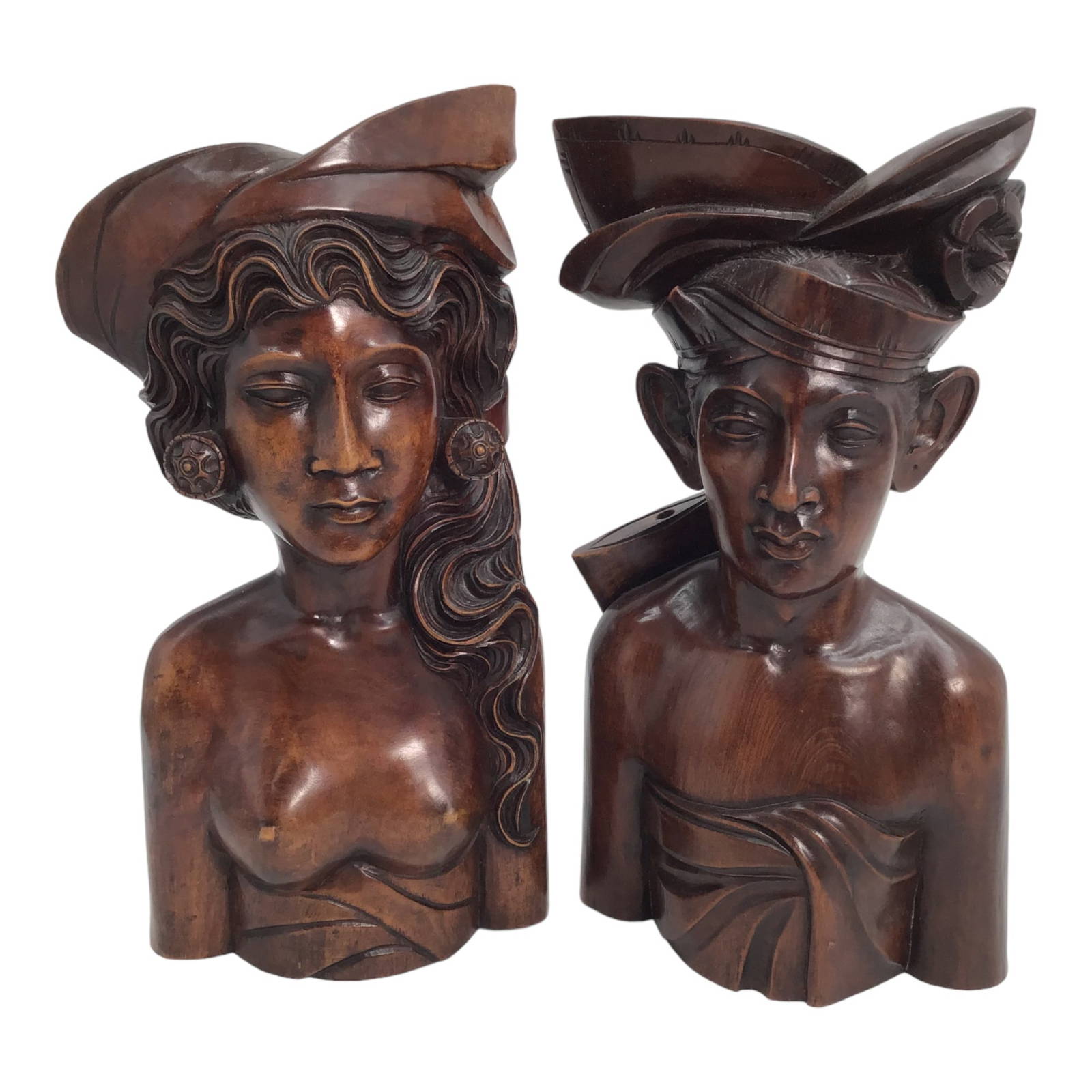 Pair Of Klungkung, Bali Hand Carved Bust Sculptures Auction