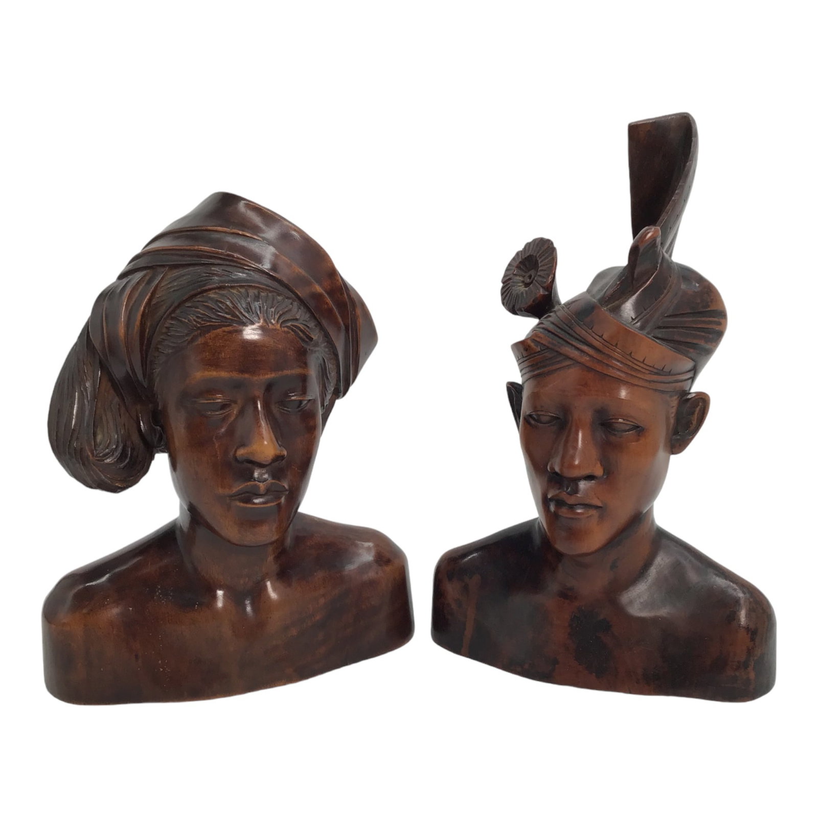 Pair of Balinese Wood Hand Carved Bust Sculptures: Balinese Wood Hand Carved Busts of a man and a woman. IMPORTANT: NO In-House Shipping, Please read our shipping terms for provider.
