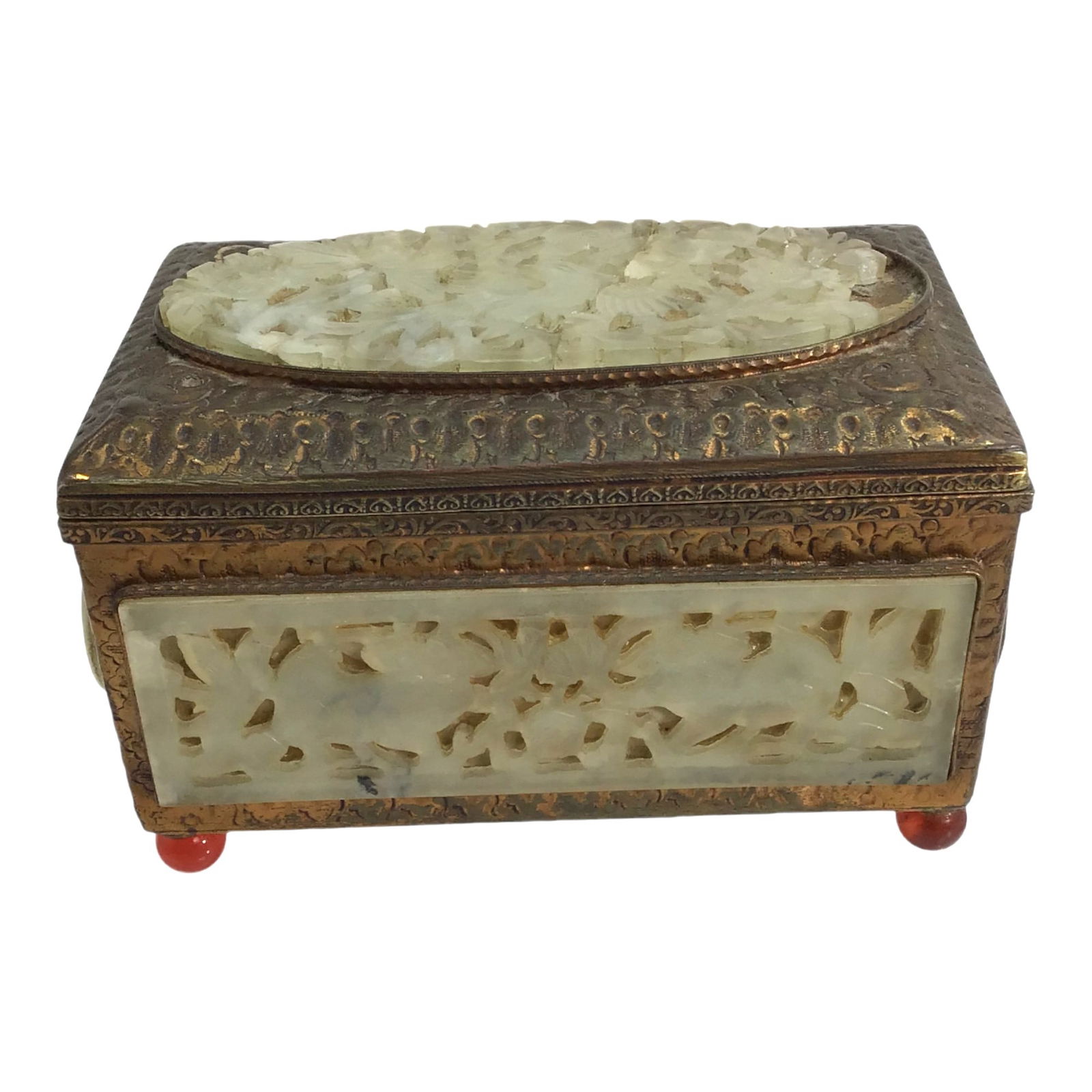 Antique Hinged Metal Box with White Jade Carvings (1 of 7)