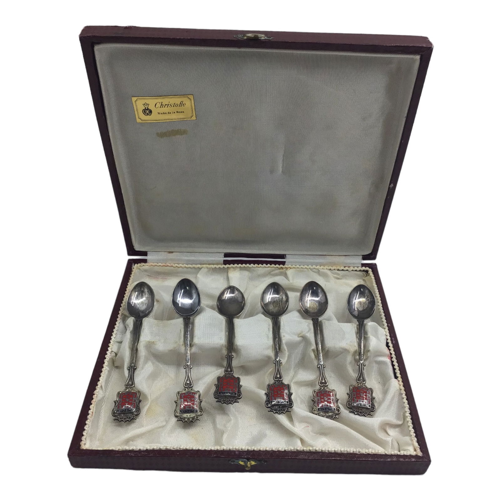 Lot of 6 Christofle Souvenir Spoons and Box: Lot of 6 Christofle Souvenir Spoons and Box. The handle of the spoon has the coat of arms for Murcia, Spain. IMPORTANT: NO In-House Shipping, Please read our shipping terms for provider.