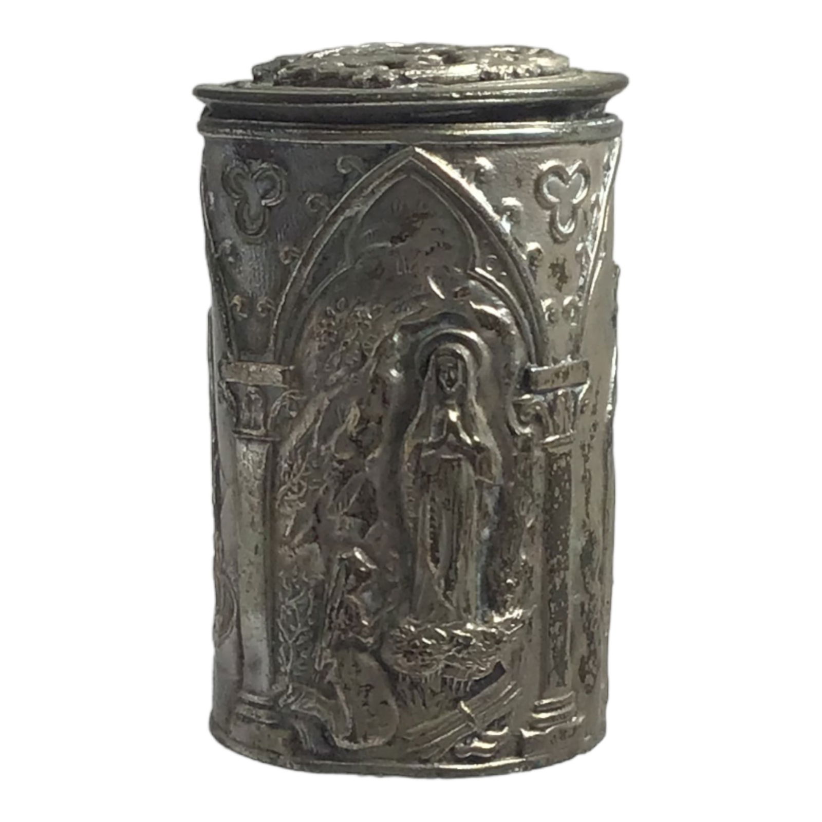 Notre Dame de Sanctuary of Our Lady of Lourdes Silver Repousse Pill Box: Notre Dame de Sanctuary of Our Lady of Lourdes Silver Repousse Pill Box with hinged lid. IMPORTANT: NO In-House Shipping, Please read our shipping terms for provider.