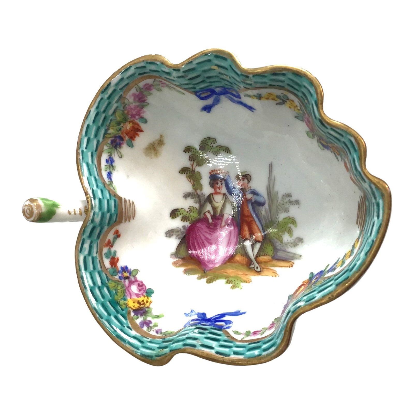 P.M. & M Leaf Shaped Sugar Scoop: P.M. & M Leaf Shaped Sugar Scoop, with Floral & Fragonard scene. Approx. Size 1.25 tall x 3.25 at wide x 4 inches spout to handle.IMPORTANT: NO In-House Shipping, Please read our shipping terms for pr