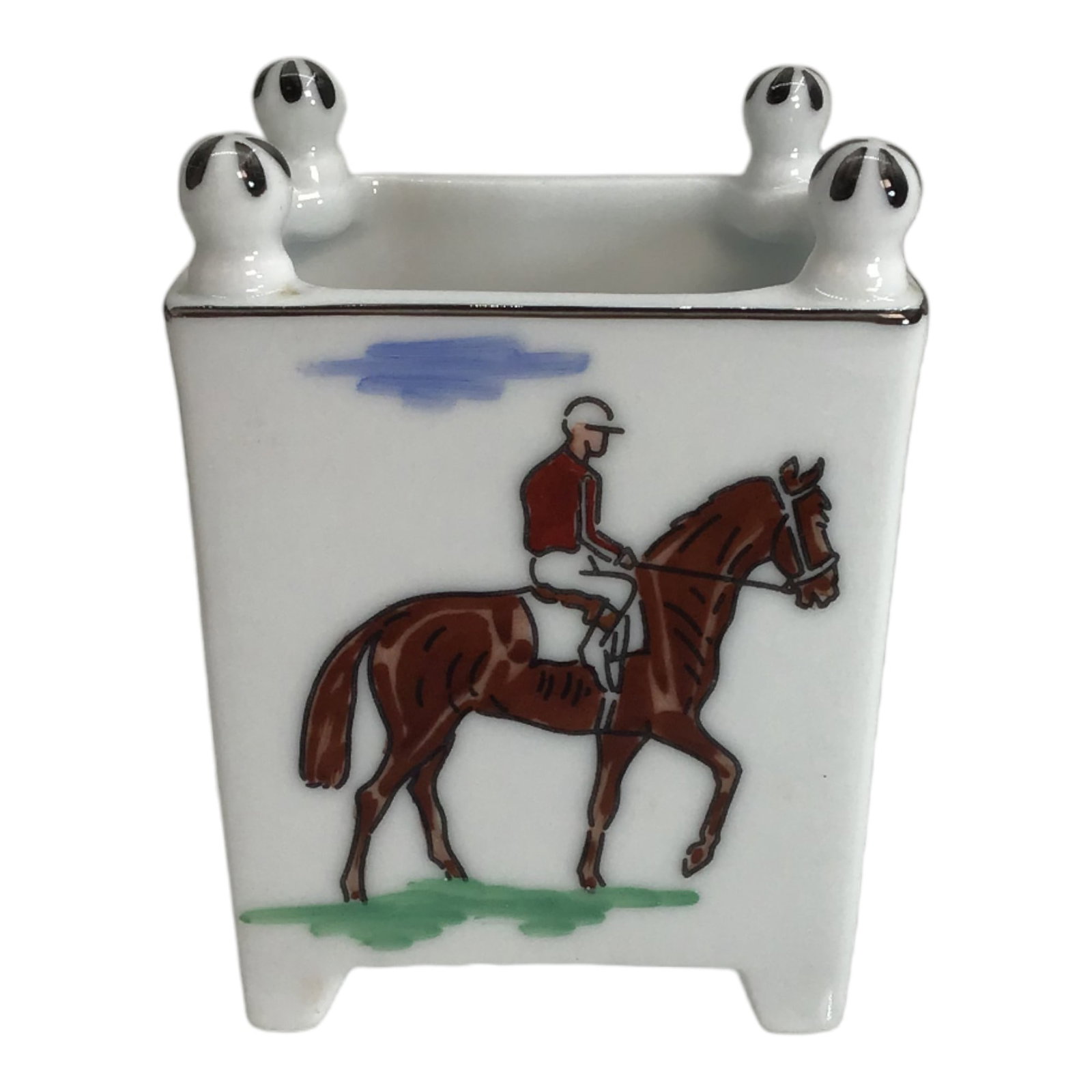 Coquet Limoges Desk Pen Holder - Equestrian: Equestrian Themed Desk Pen Holder by Coquet Limoges - France. Approx. Size 3.5 tall x 2.5inches square. IMPORTANT: NO In-House Shipping, Please read our shipping terms for provider.