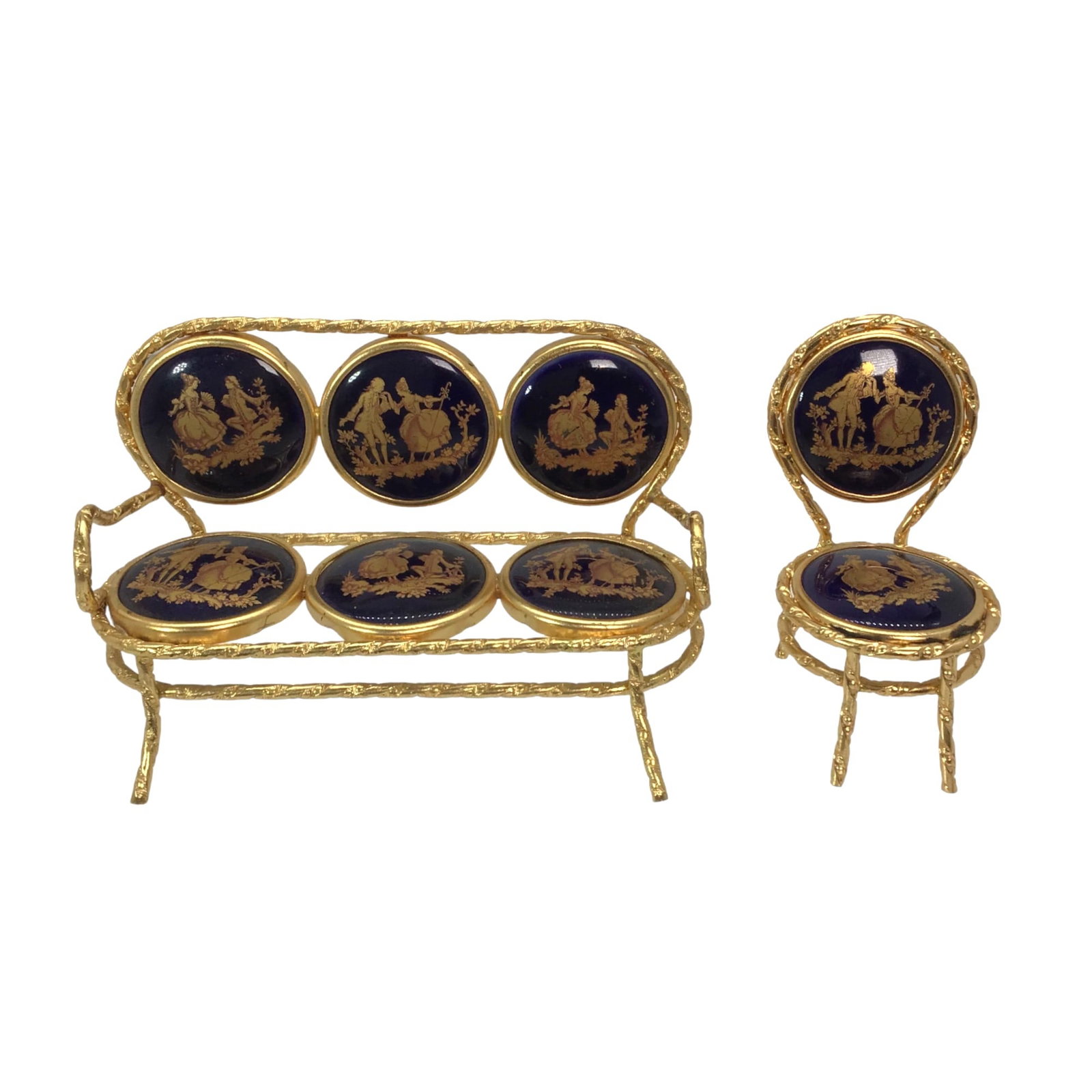 Limoges French Porcelain Dollhouse Cobalt Blue Miniature Couch and Chair: Limoges French Porcelain Dollhouse Miniature cobalt blue and Gold Couch and Chair - stamped on verso. Approx. size (couch) 2.75 inches tall x 4.25 wide x 2.25 deep. Approx. weight of both items 3.9 oz