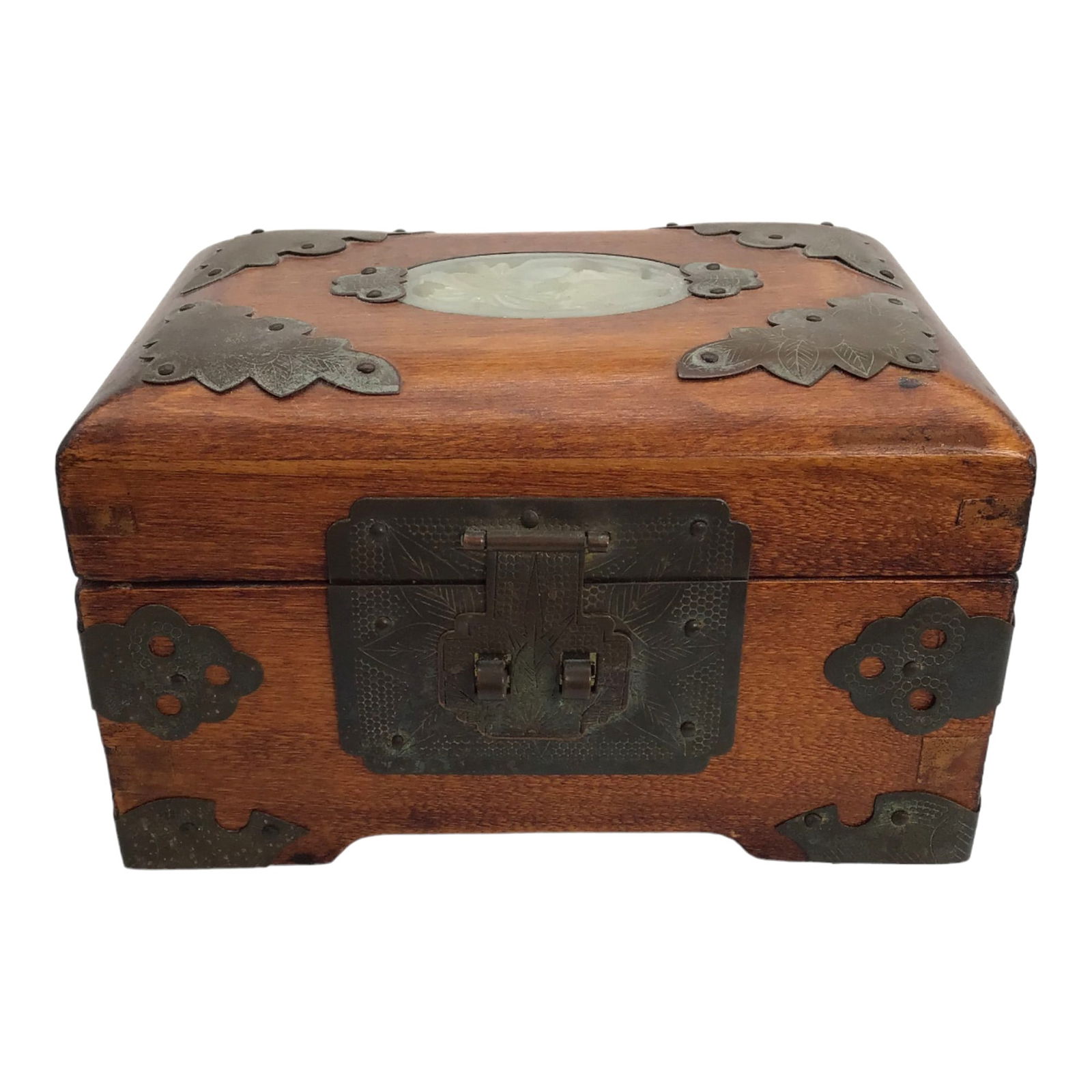 Wooden Jewelry Box with Carved White Jade and Etched Metal Decor (1 of 7)