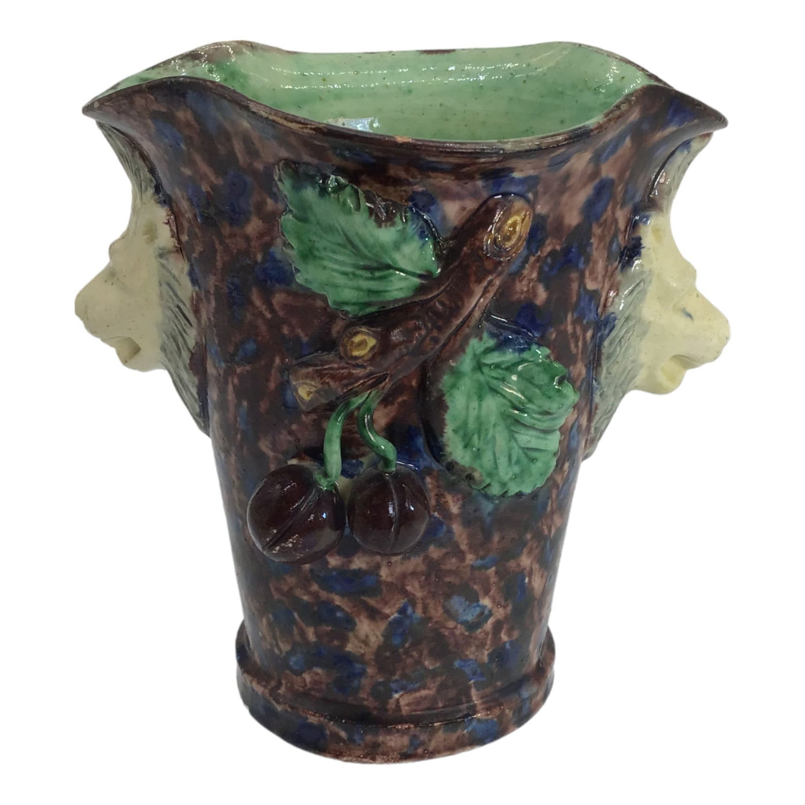 English Whieldon Earthenware Goblet, with Lion Head Handles: The Yellow, Green and Brown Glazed Vessel/Goblet with Lion Head Handles. Approx. size 4.25 inches tall x 5 wide x 3 deep. Approx. size 9.7 oz IMPORTANT: NO In-House Shipping, Please read our shipping