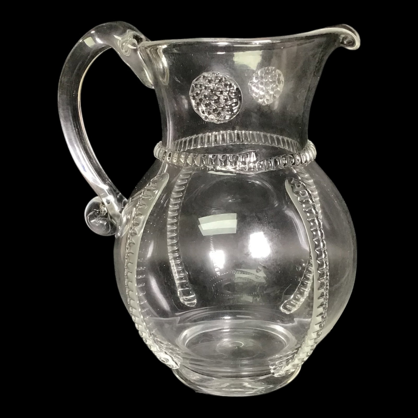 Juliska Signed Glass Small Pitcher: Juliska Signed Glass Small Pitcher, retired style, v110ir/c. Made in Czech Republic (modern Juliska is made in Portugal). Comes with original box. IMPORTANT: NO In-House Shipping, Please read our ship