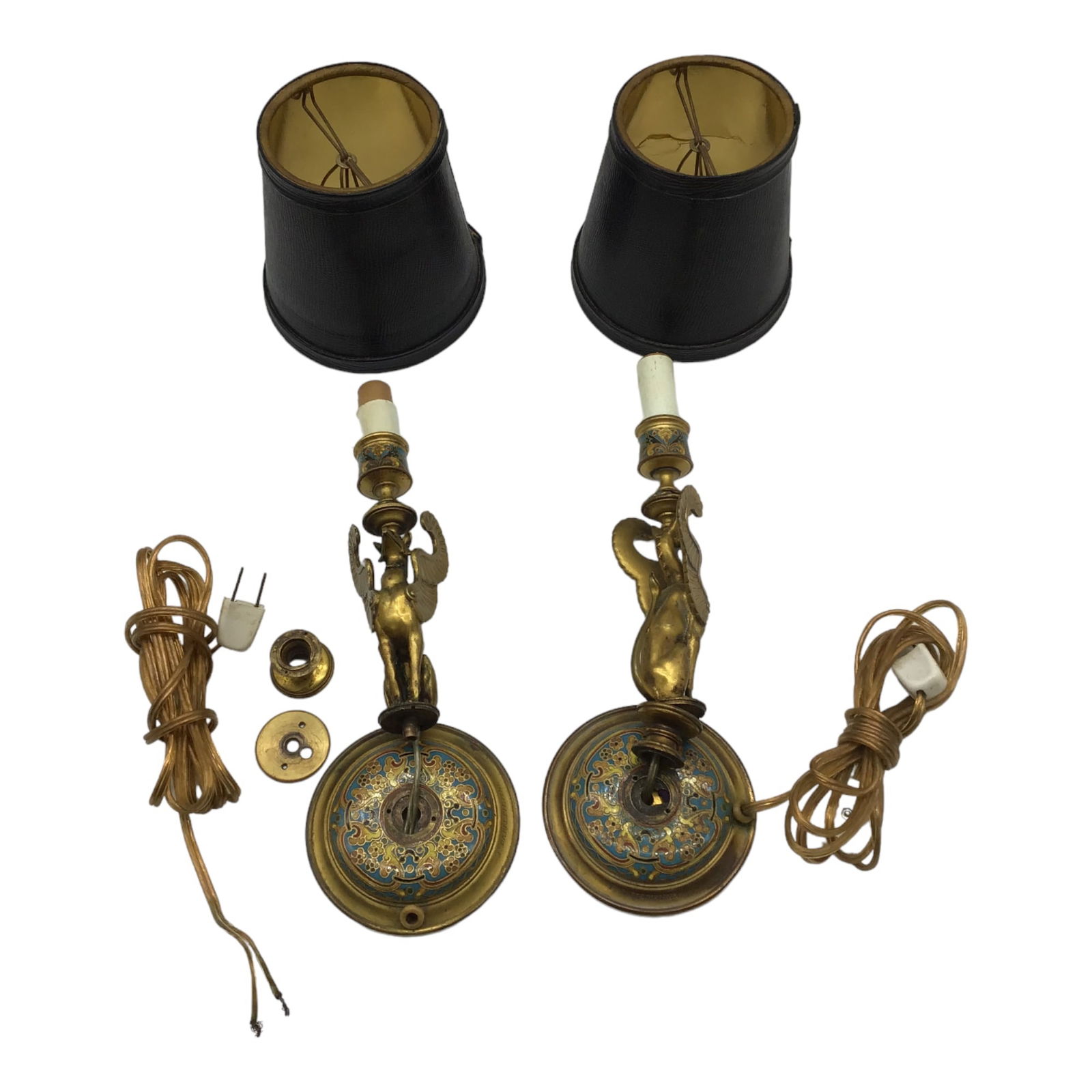 Ferdinand Barbedienne (French, 1810 – 1892) Signed Pair Brass and Cloisonne Desk Lamps (1 of 7)