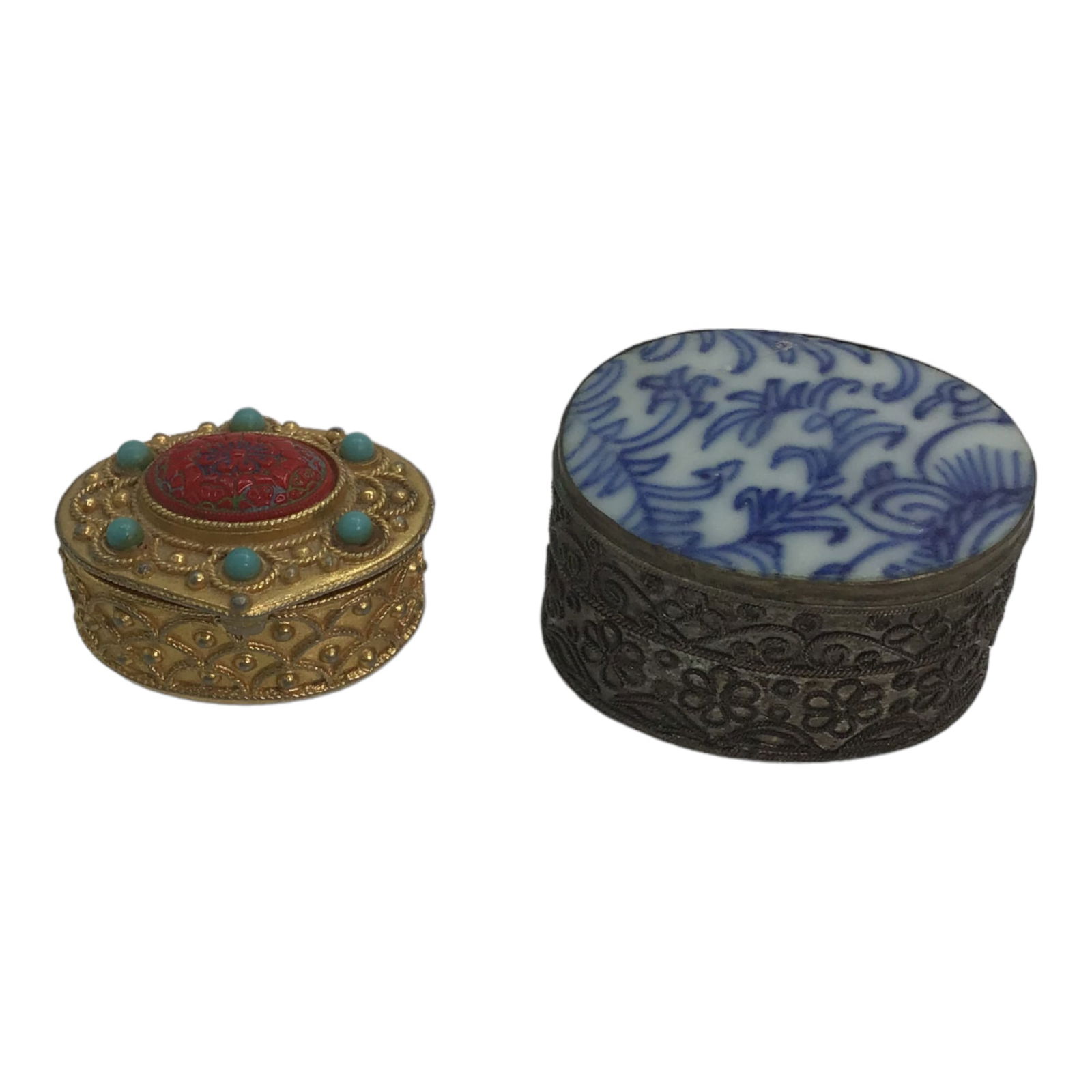 Vintage Trinket Box Lot of 2: Gold colored trinket box is by Florenza. Silver colored trinket box has a white and blue tile fixed to top. IMPORTANT: NO In-House Shipping, Please read our shipping terms for provider.