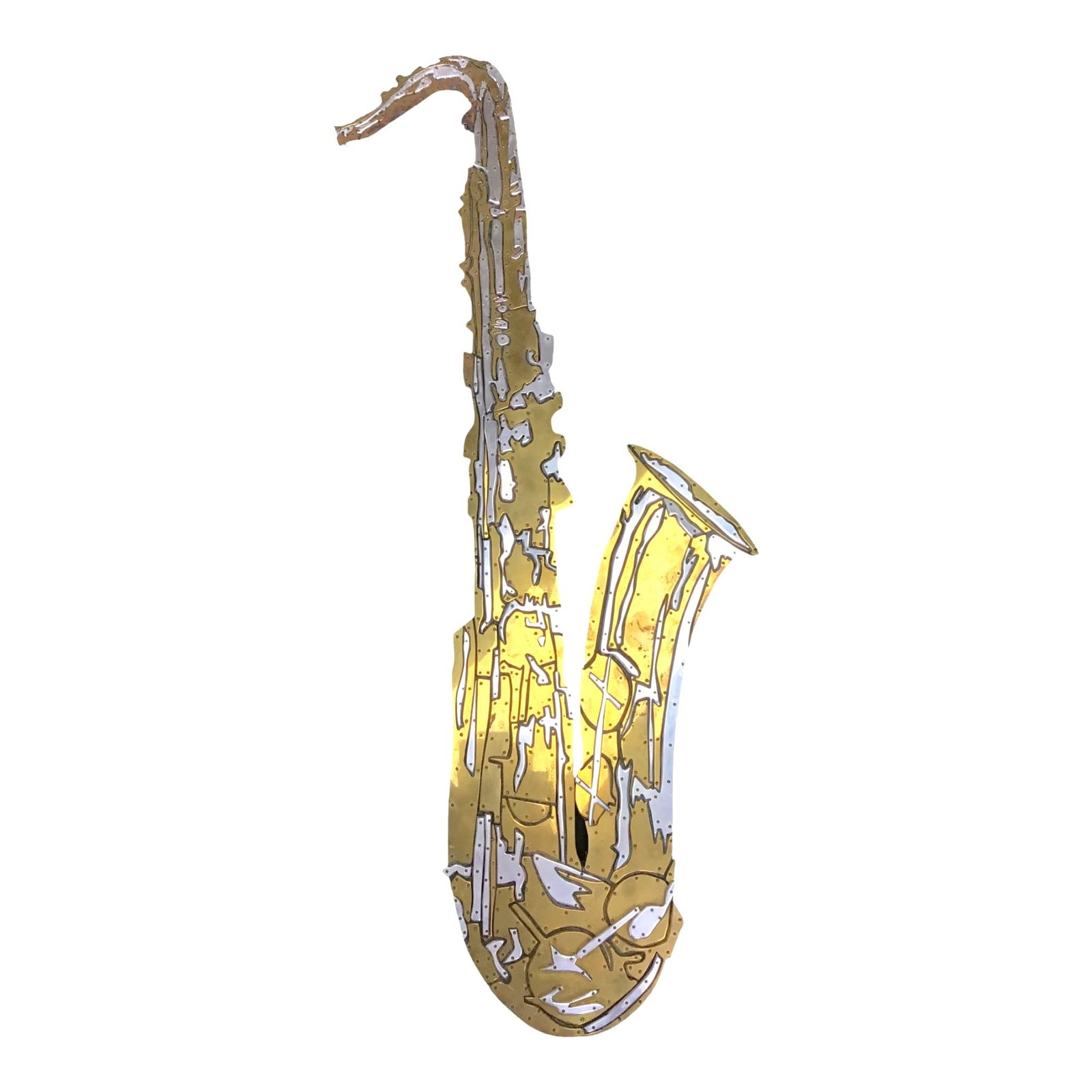 Thom Tex Wheeler (American, Taos, NM) Signed Wall Hung Mixed Metals Saxophone Art: Thom Tex Wheeler (American, Taos, NM) Signed Wall Hung Mixed Metals Saxophone Art. IMPORTANT: NO In-House Shipping, Please read our shipping terms for provider.